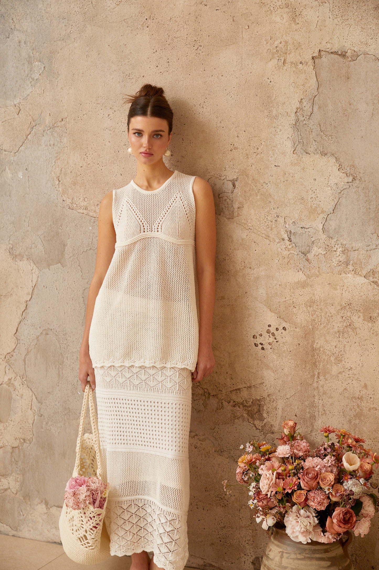 Irène White Cutout Crochet Knit Two-Piece Top and Skirt