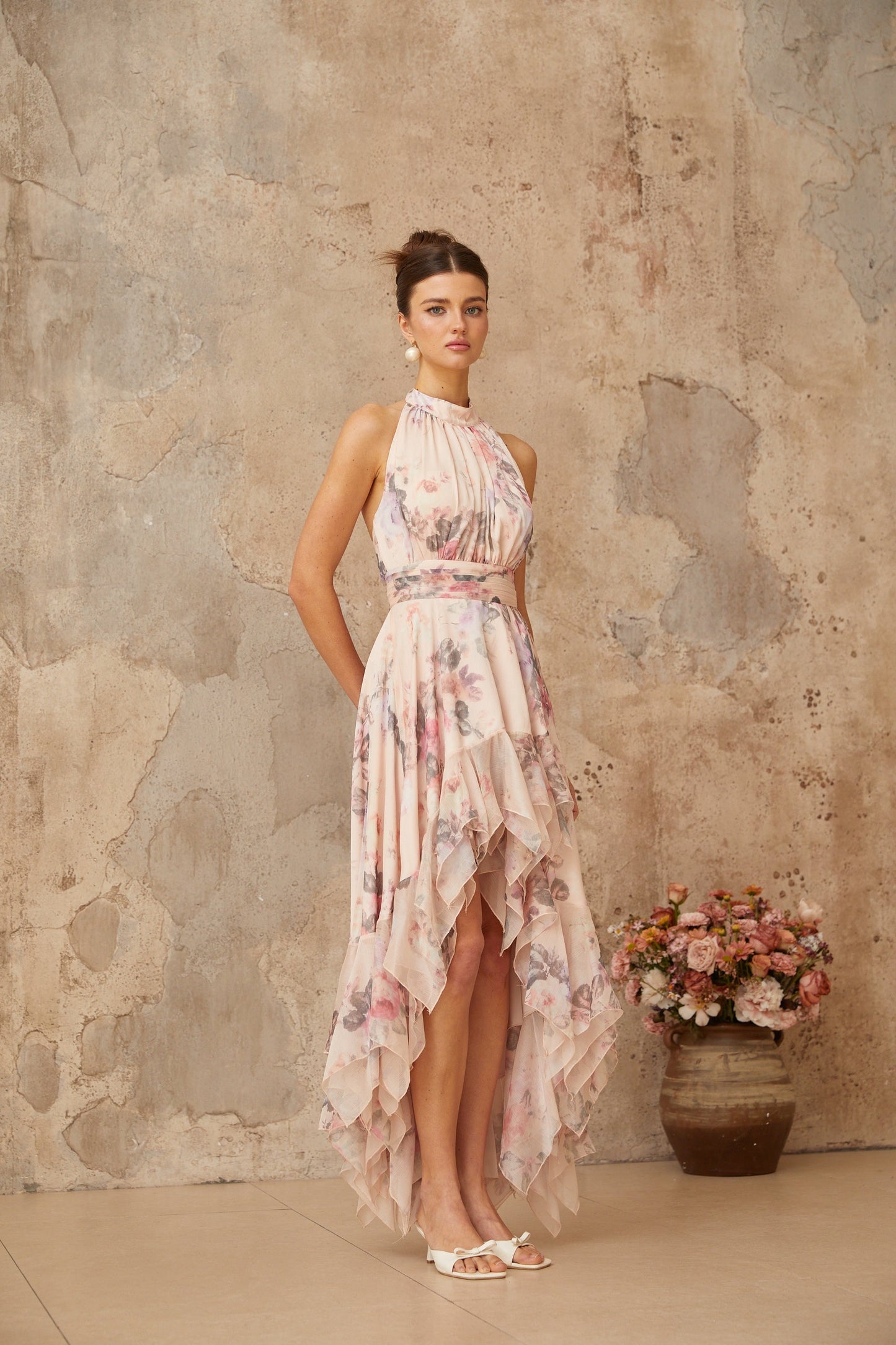 Nina pink asymmetrical floral-print maxi dress