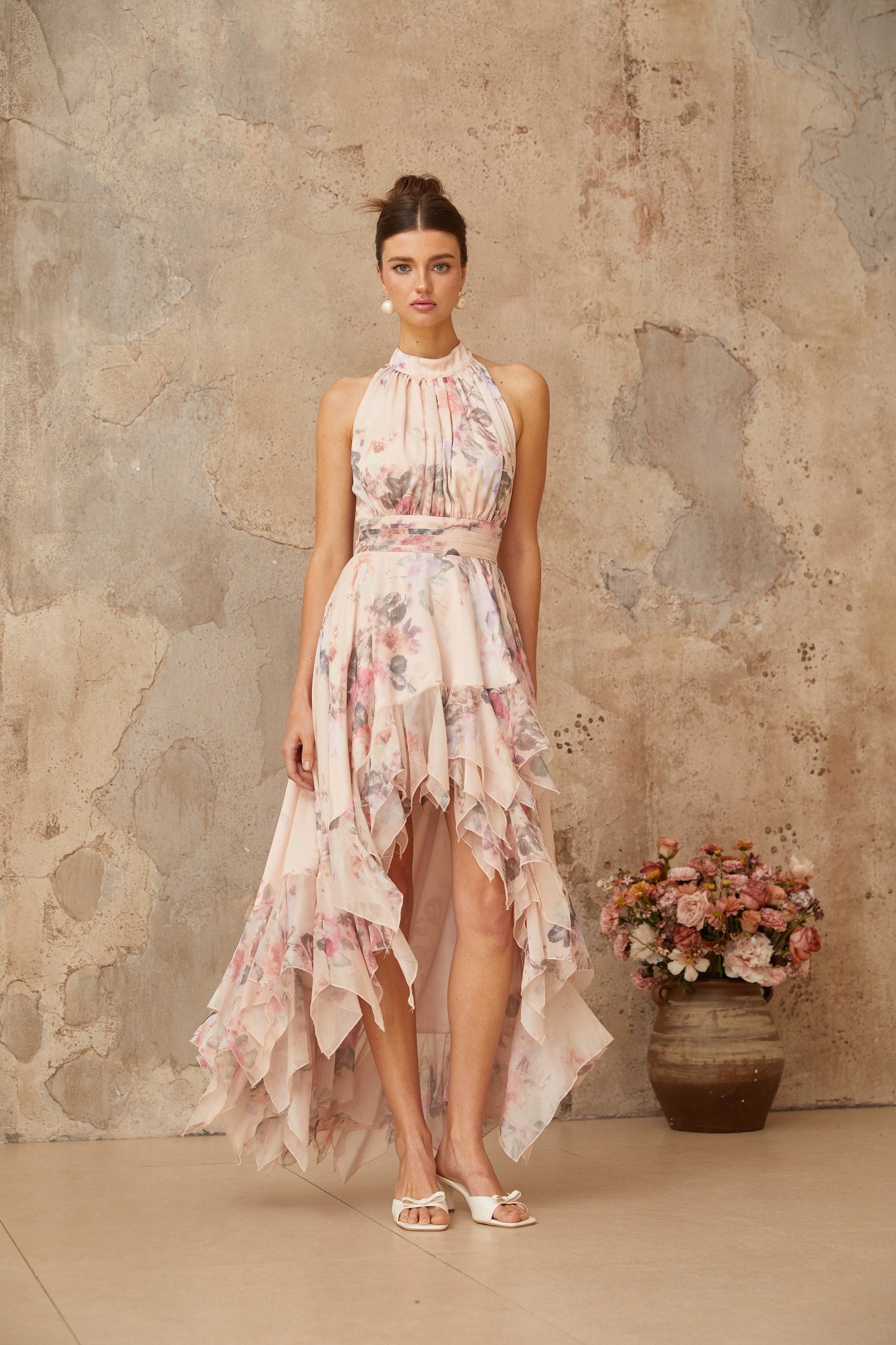 Nina pink asymmetrical floral-print maxi dress