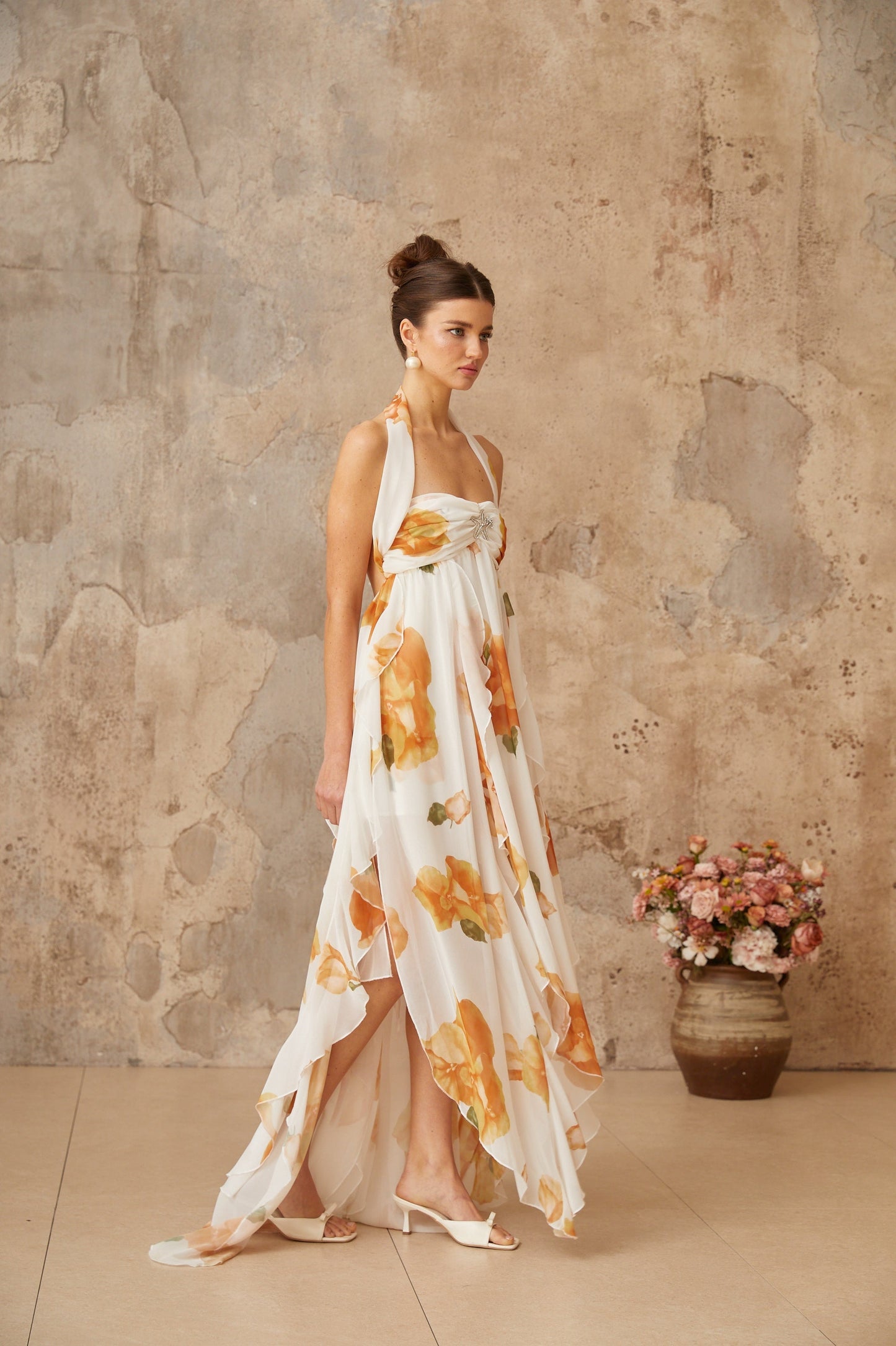 Mariah White Floral Print Ruffled Tulle Maxi Dress