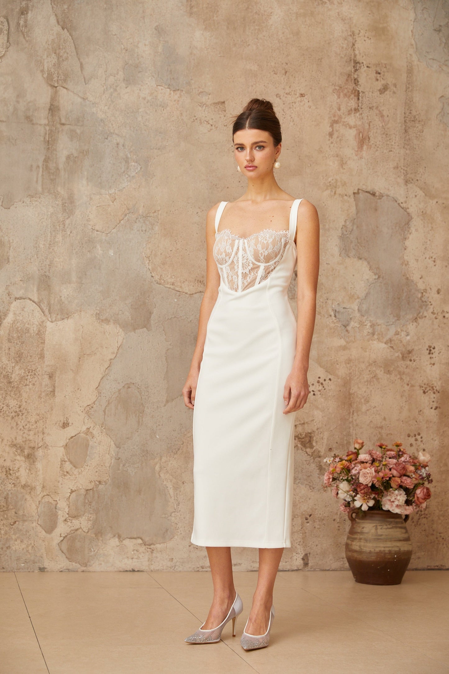 Poema white lace-panel corset midi dress