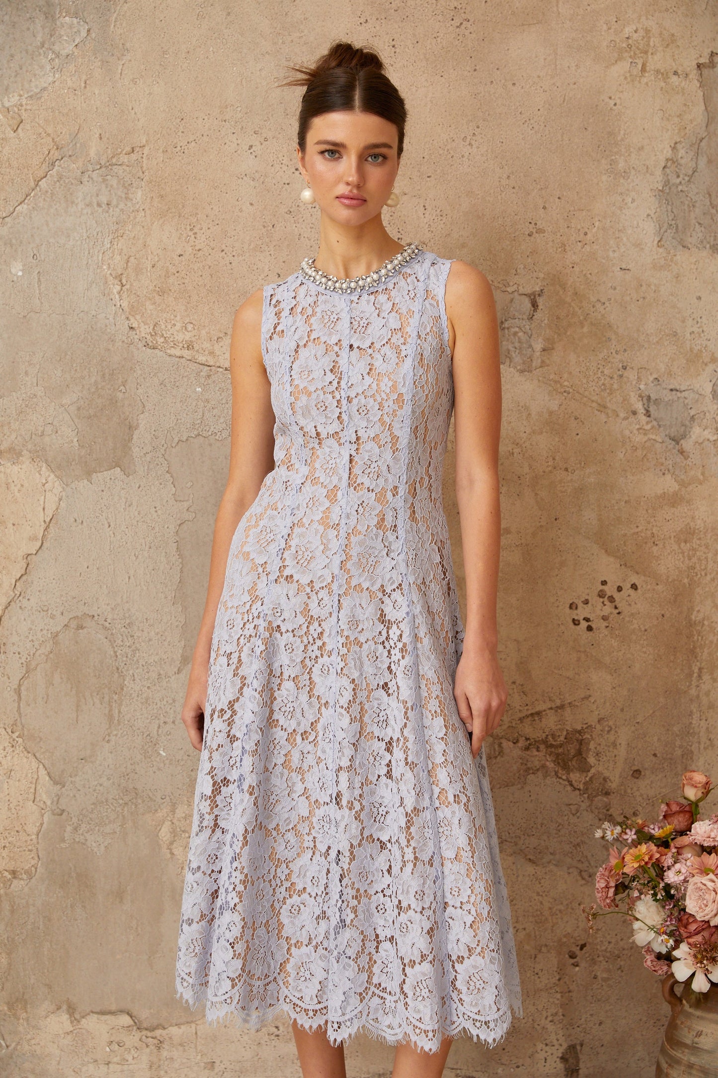 Lison blue embellished floral-lace midi dress