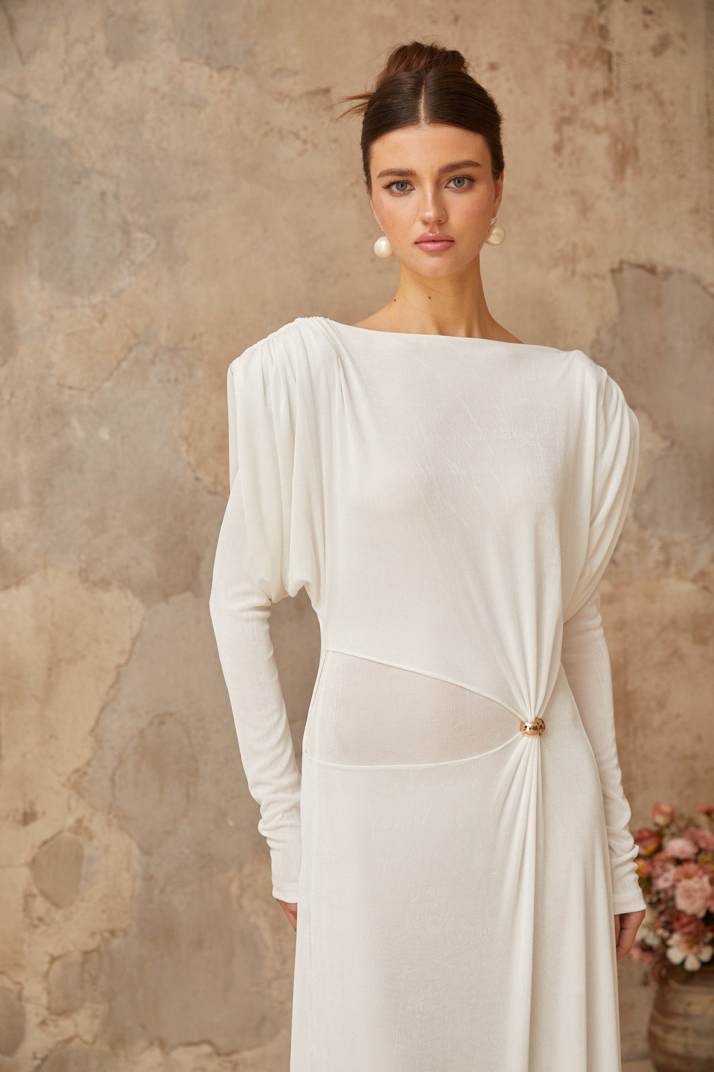 Margot white draped shirred maxi dress