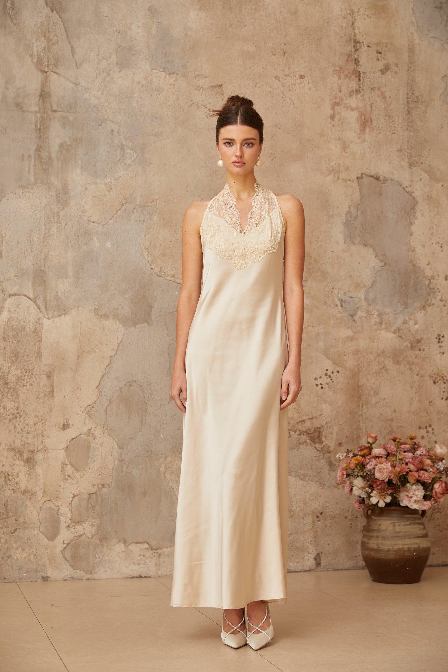 Vera White Lace Trim Satin Maxi Dress