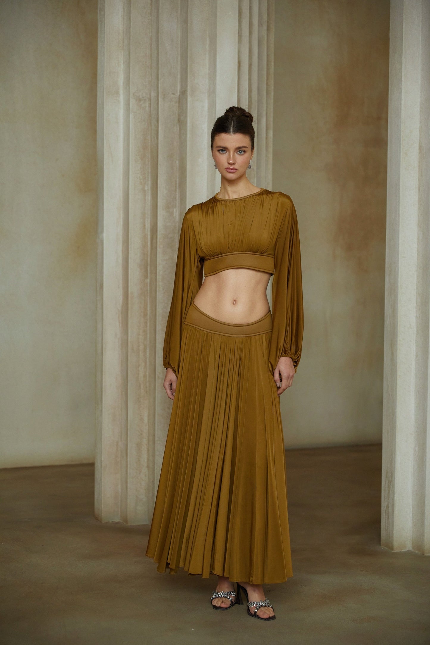 Daphné Green Fully Pleated Two-Piece Blouse and Skirt Set