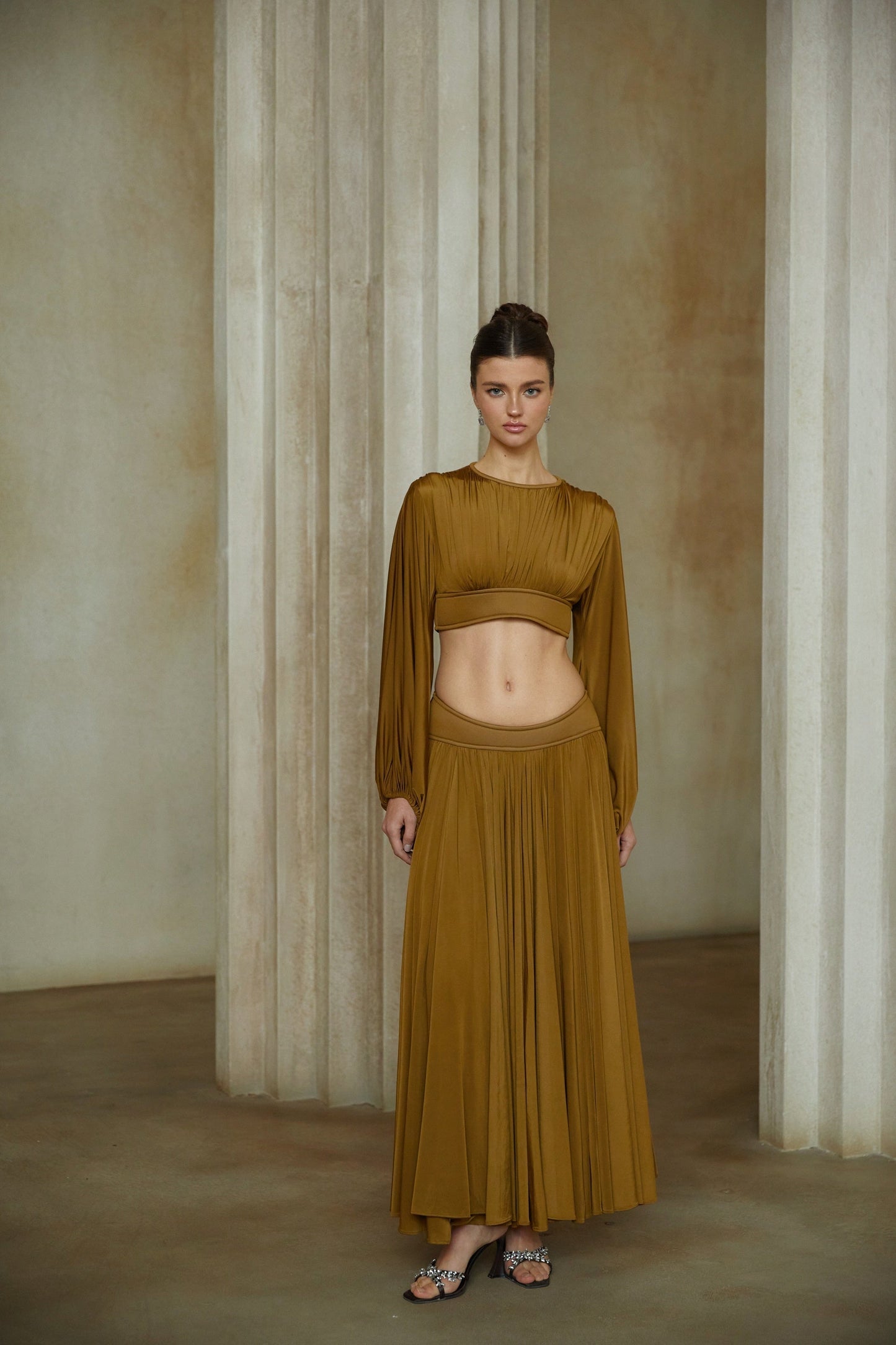 Daphné Green Fully Pleated Two-Piece Blouse and Skirt Set