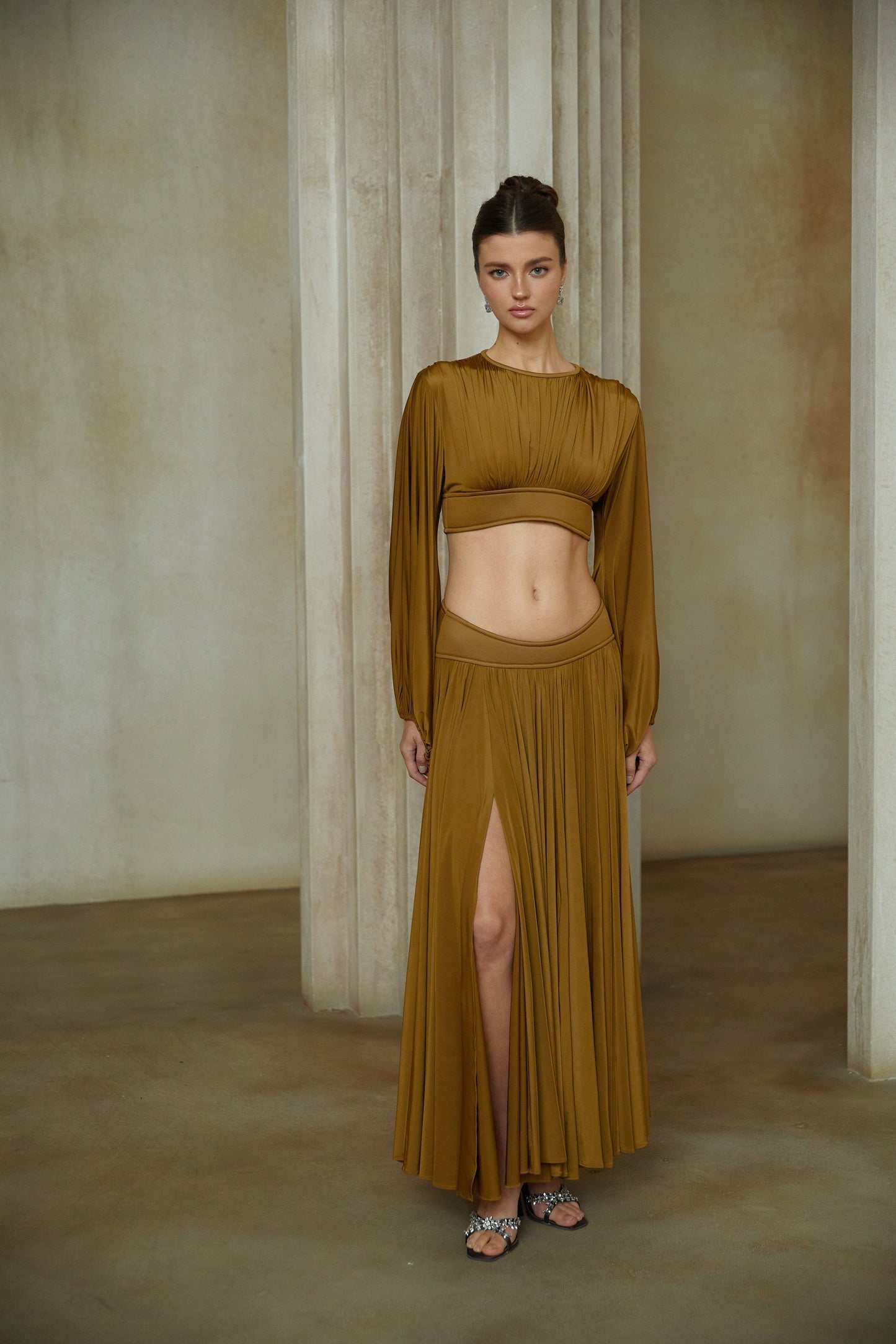 Daphné Green Fully Pleated Two-Piece Blouse and Skirt Set