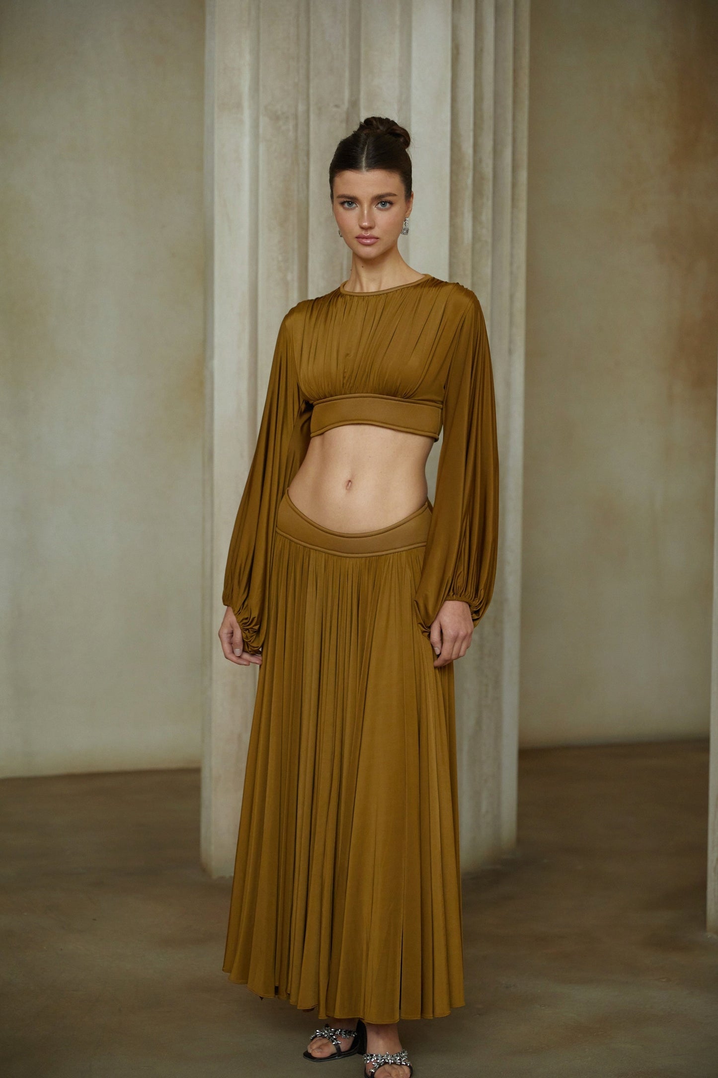 Daphné Green Fully Pleated Two-Piece Blouse and Skirt Set