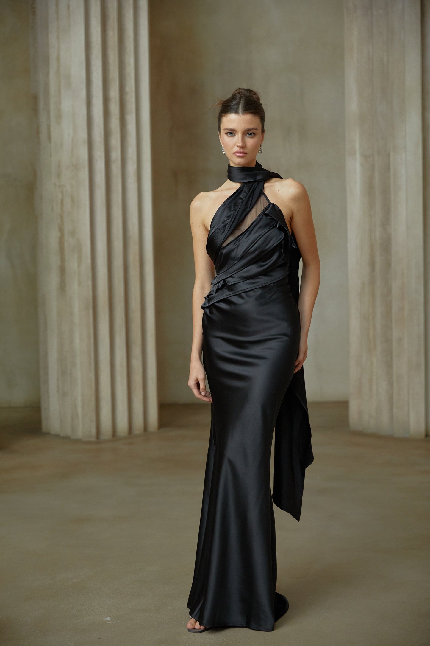 Maureen black ribbon-design satin maxi dress