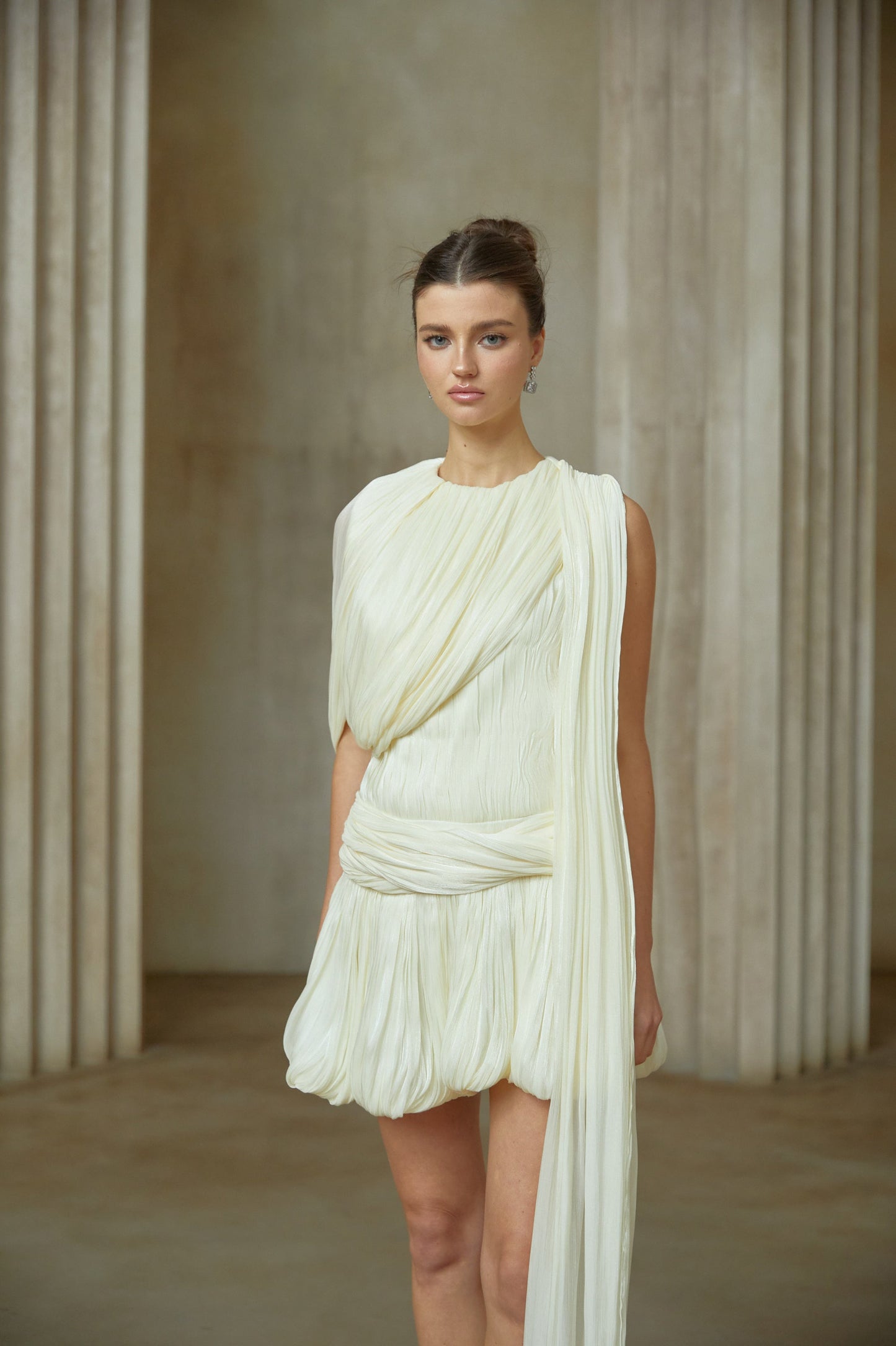 Cyrielle Pleated Mini Dress with Ribbon Design Accent