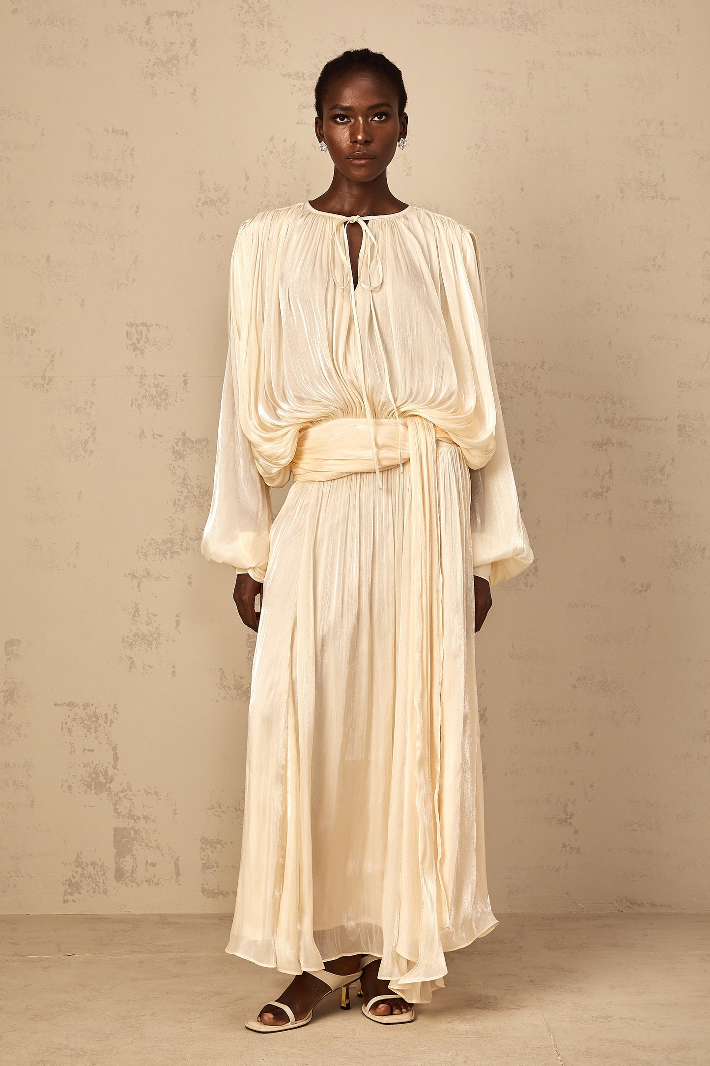 Eugénie Pleated Ruffle Maxi Dress in Neutral