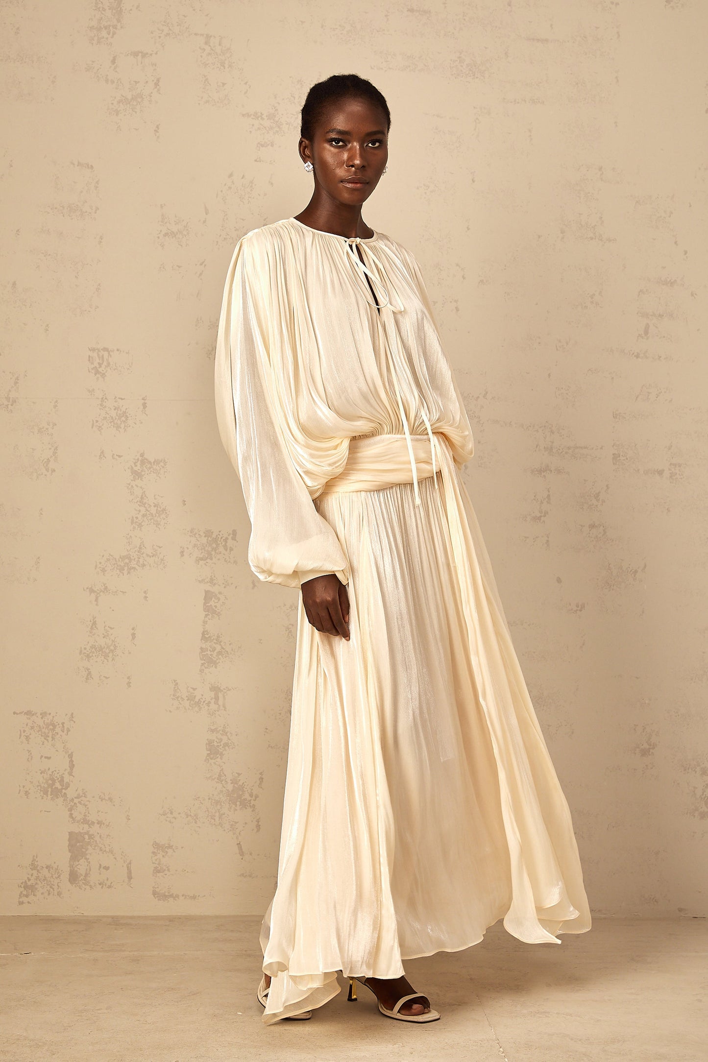 Eugénie Pleated Ruffle Maxi Dress in Neutral