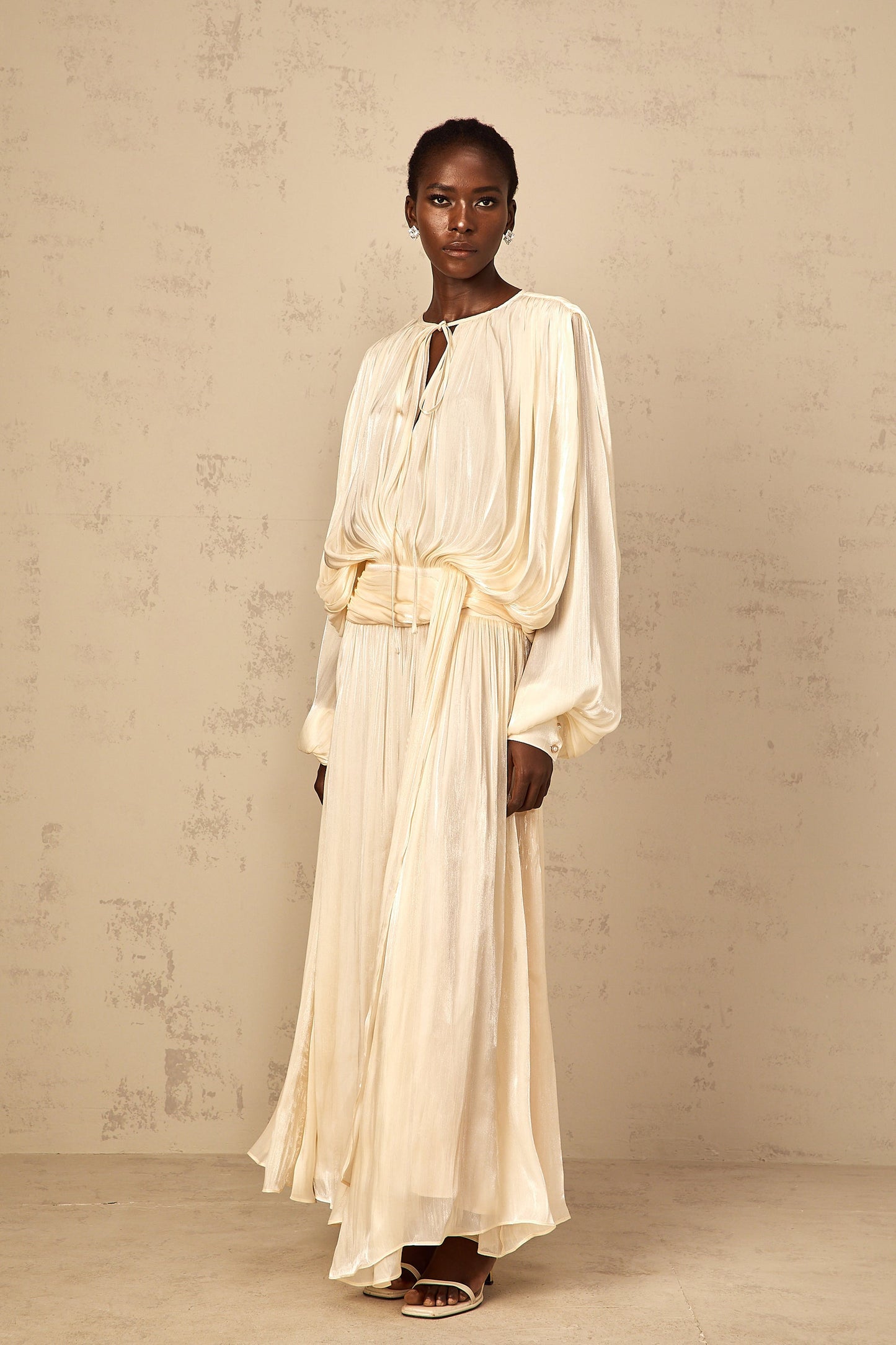 Eugénie Pleated Ruffle Maxi Dress in Neutral