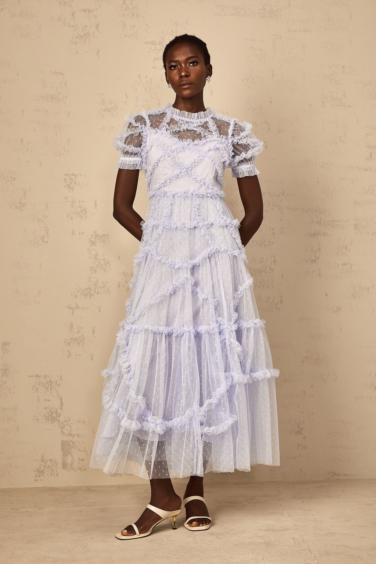 Annabelle Blue Polka Dot Ruffled Tulle Maxi Dress