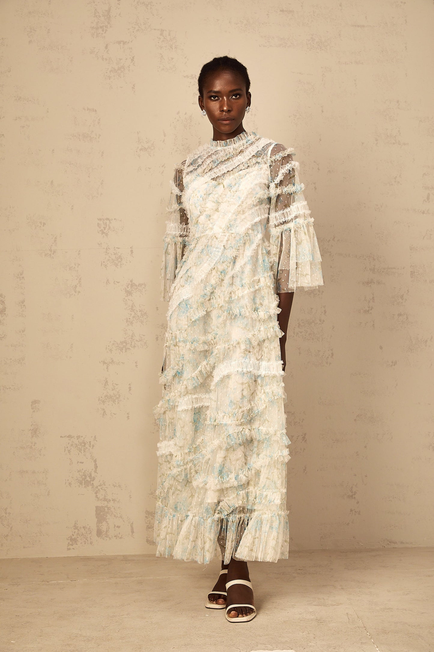 Aurianne Blue Floral Print Ruffled Tulle Maxi Dress