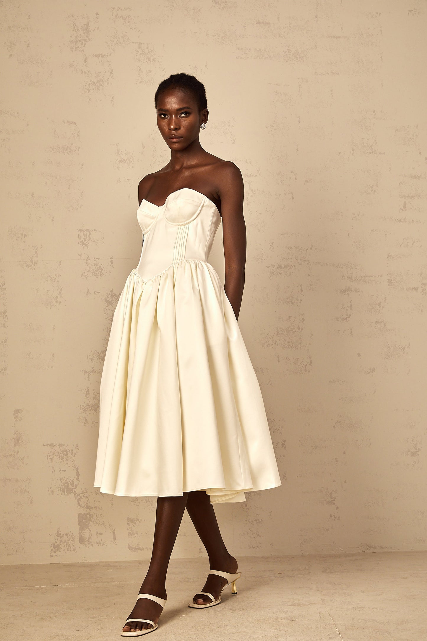 Noor White Off-Shoulder Shirred Midi Dress