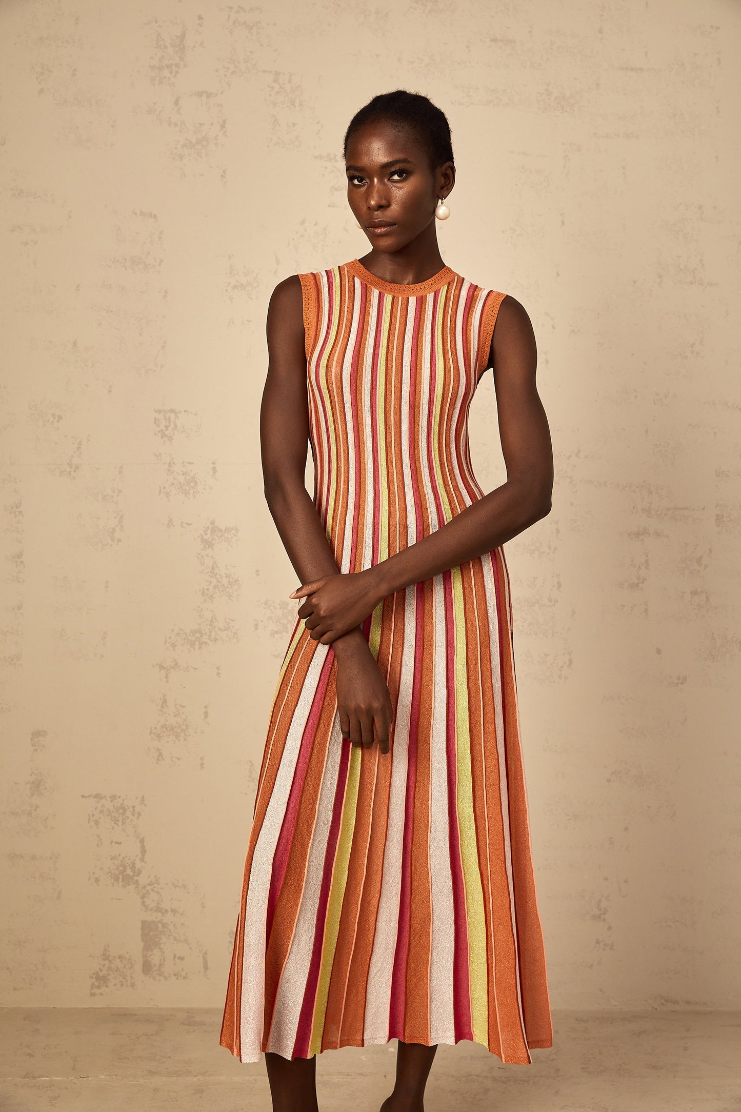 Abriana Orange Vertical Striped Knit Midi Dress