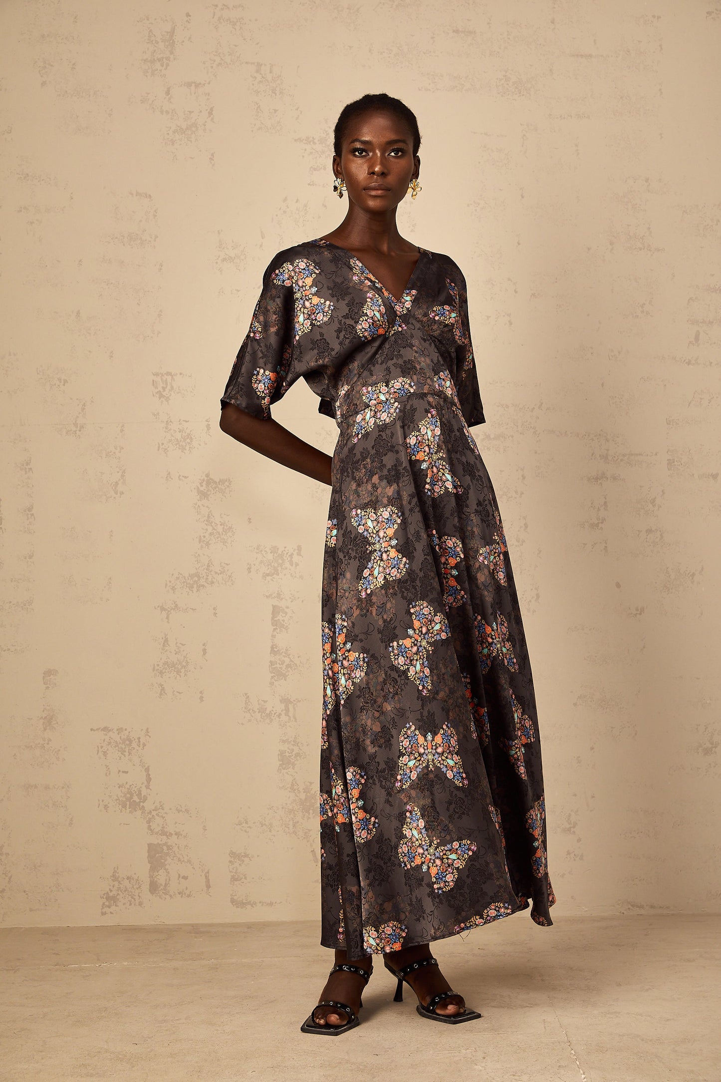 Glannon Black Self-Tie Butterfly Print Maxi Dress