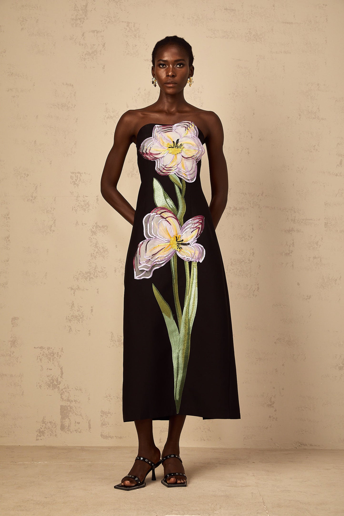Irène Sequin Embroidered Off-Shoulder Midi Dress in Black