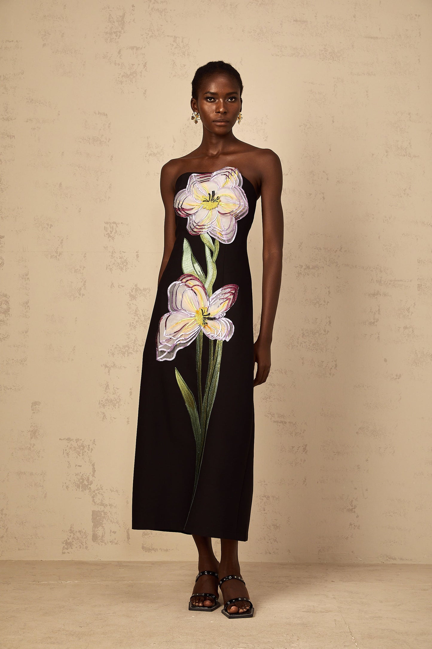Irène Sequin Embroidered Off-Shoulder Midi Dress in Black