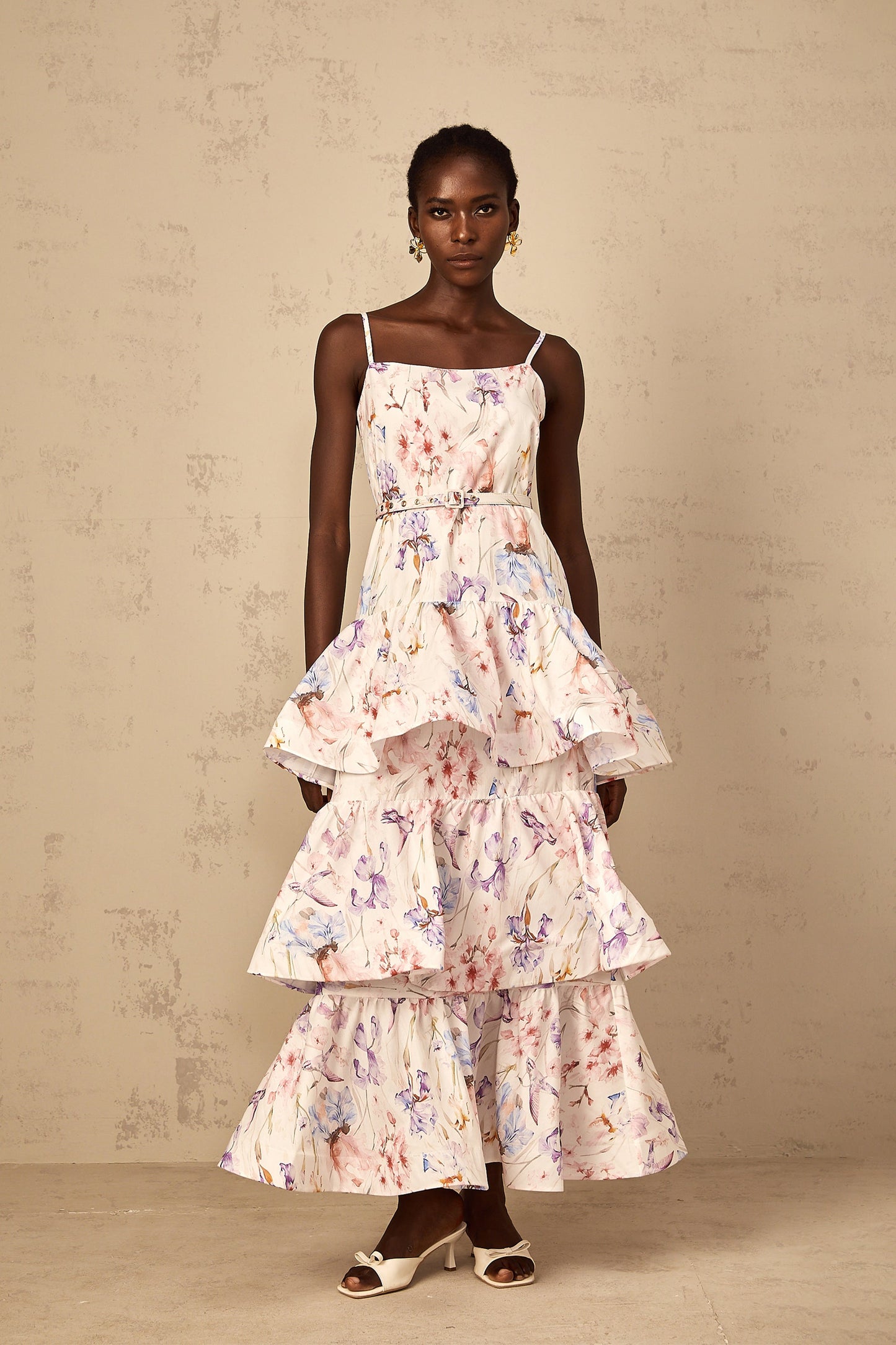 Géraldine White Floral Print Ruffled Tiered Maxi Dress