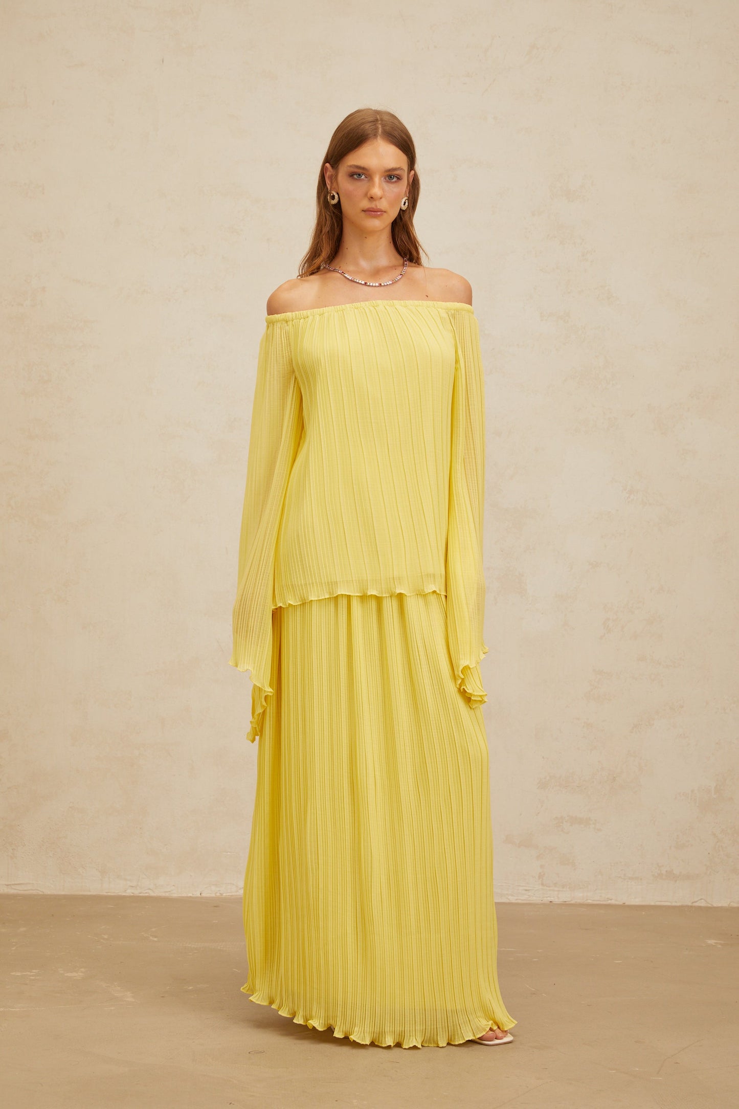 Yseult Yellow Pleated Casual Blouse & Skirt Set