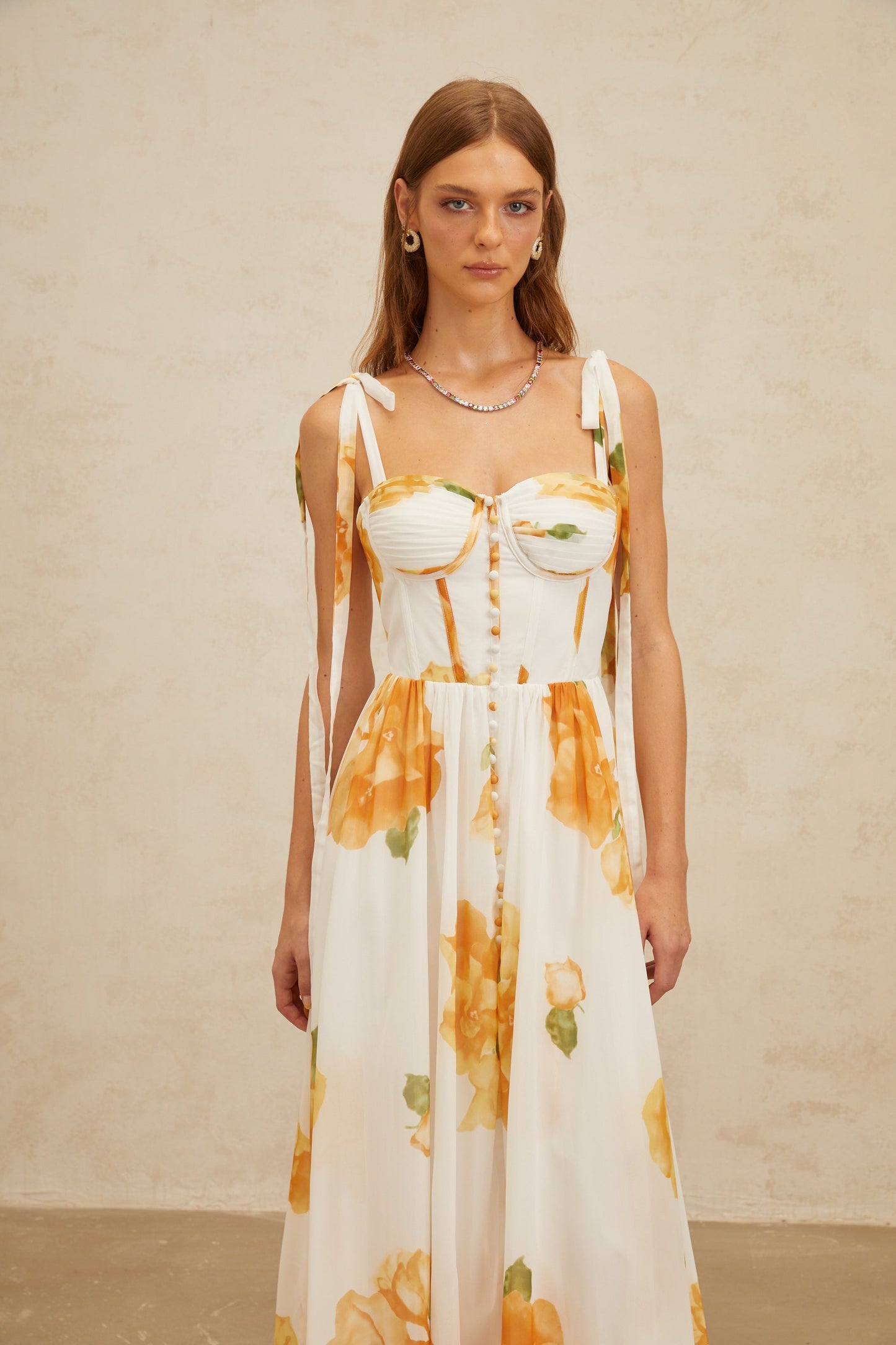 Bérénice White Floral Print Shirred Maxi Dress