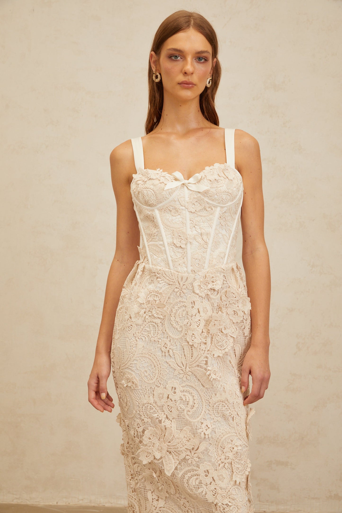 Irène Neutrals Corded Lace Corset Midi Dress