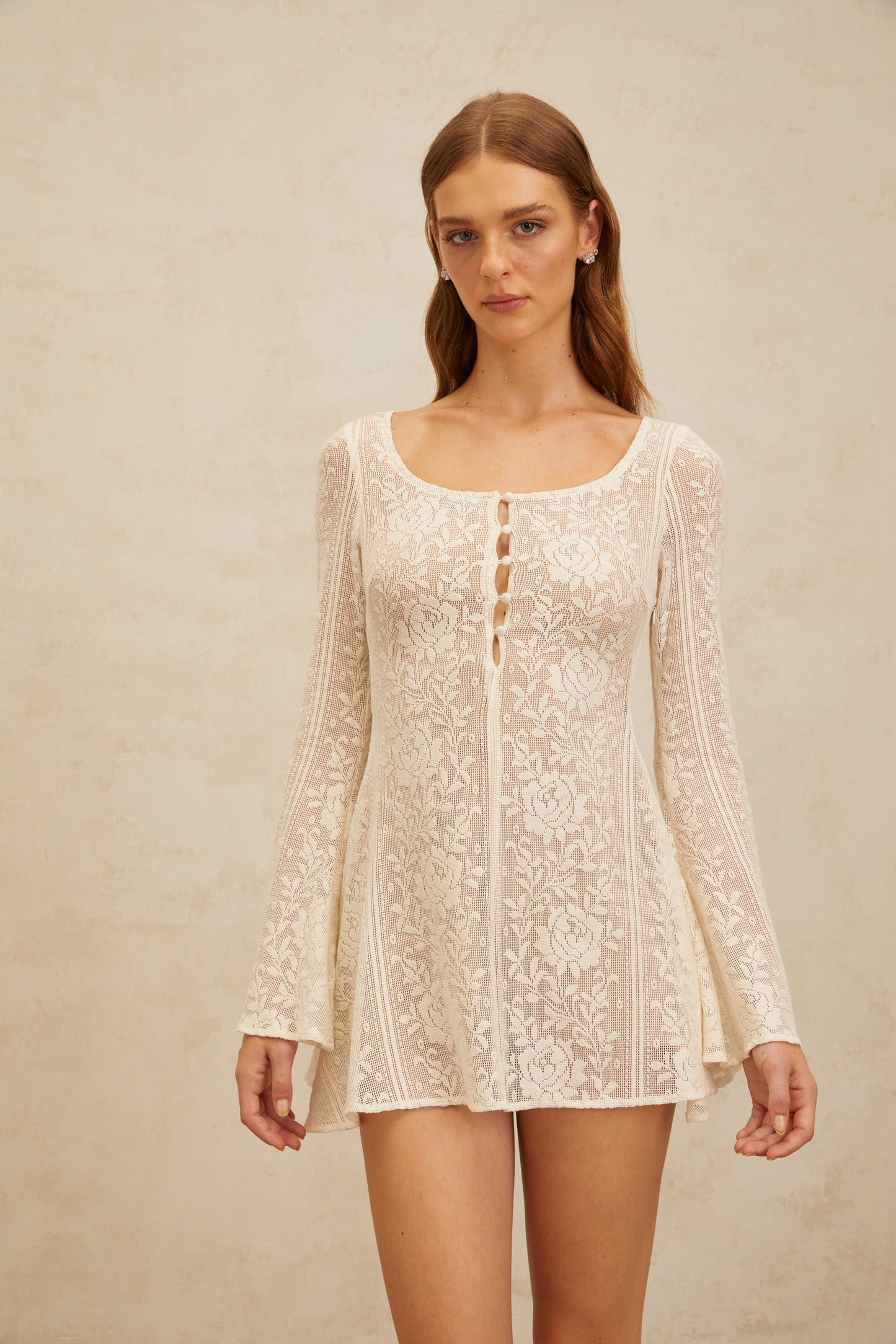 Céline White Flared Crochet Knit Mini Dress