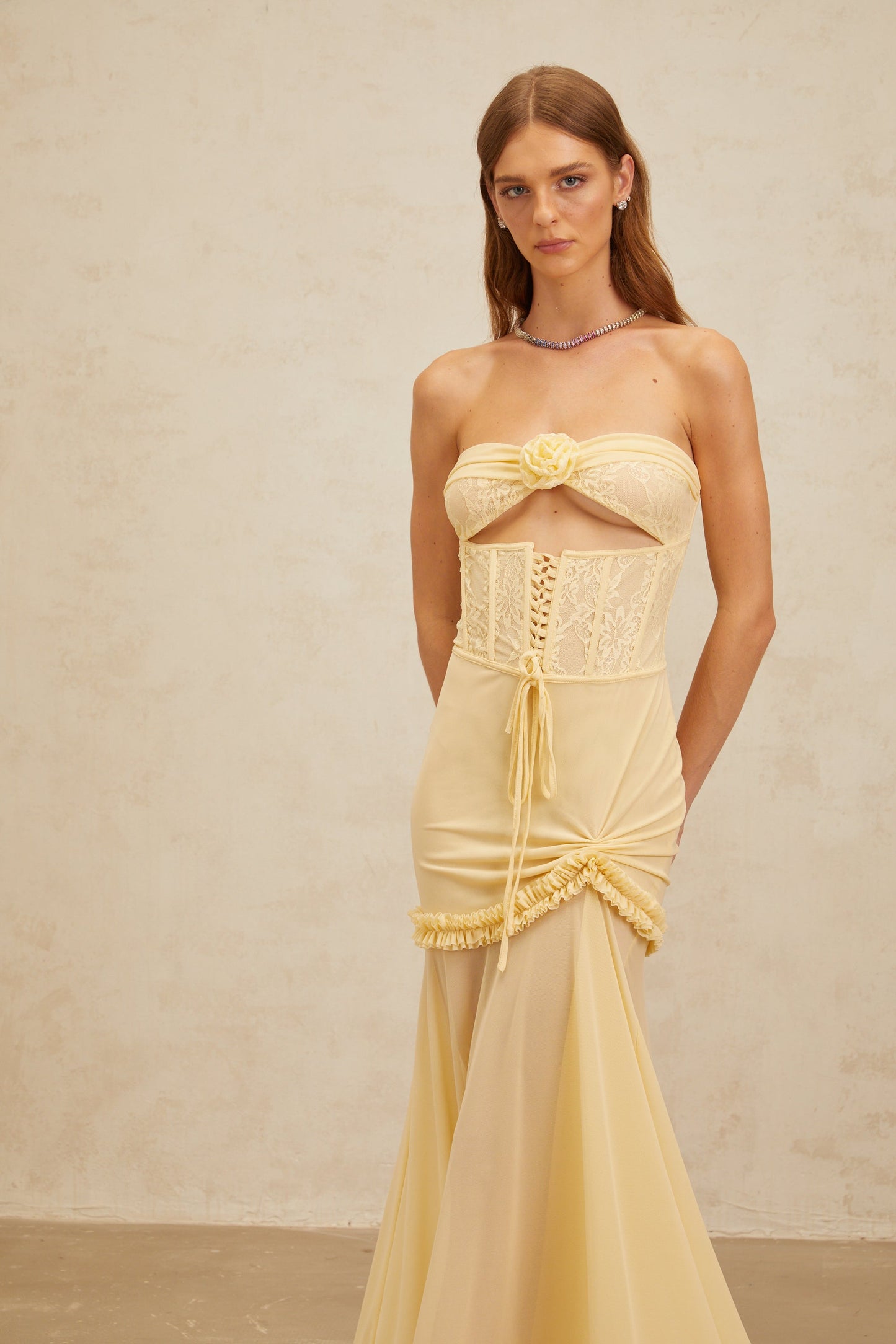 Estelle Yellow Lace Panel Corset Maxi Dress