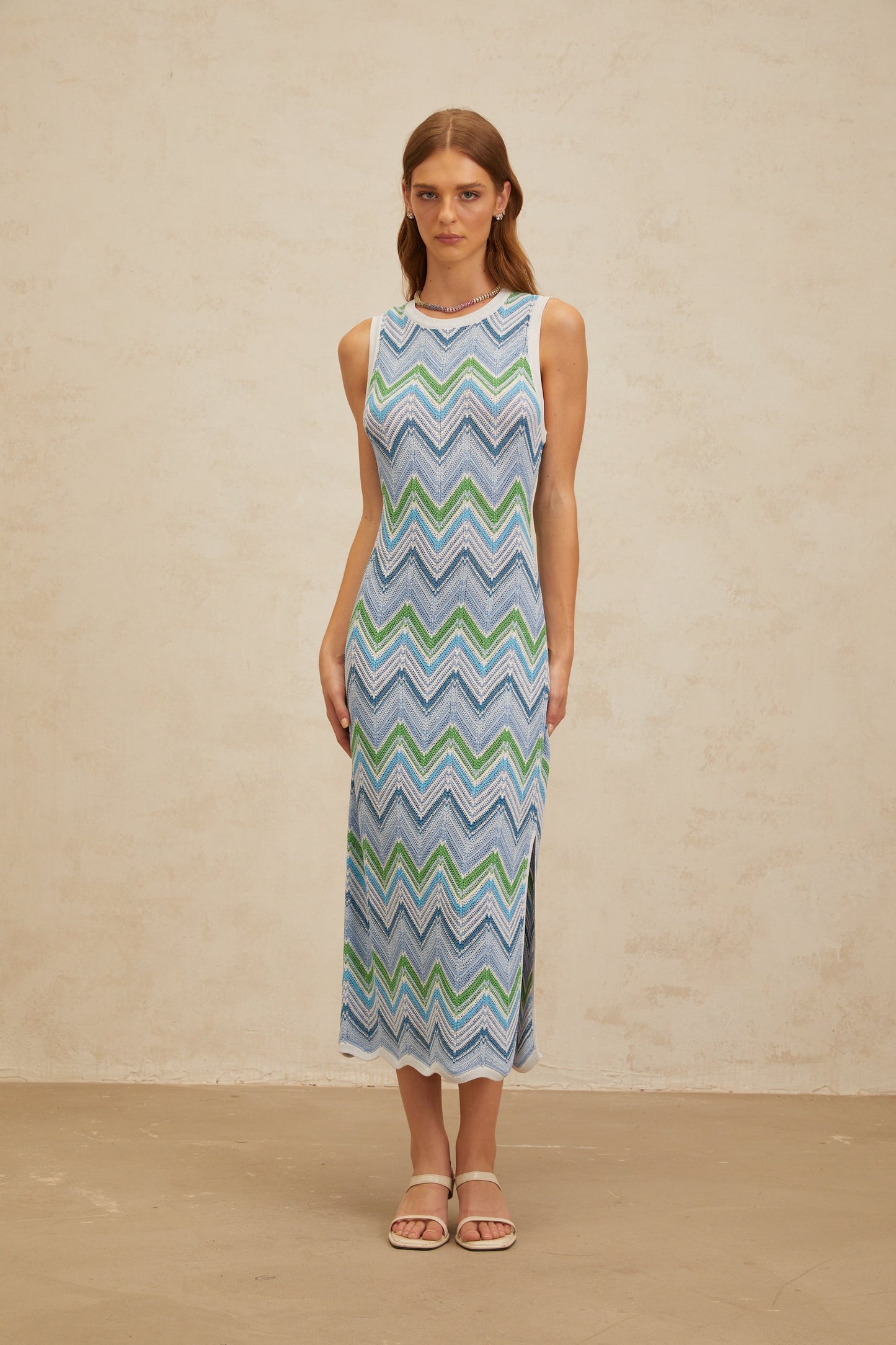 Solène Blue Chevron Knit Midi Dress