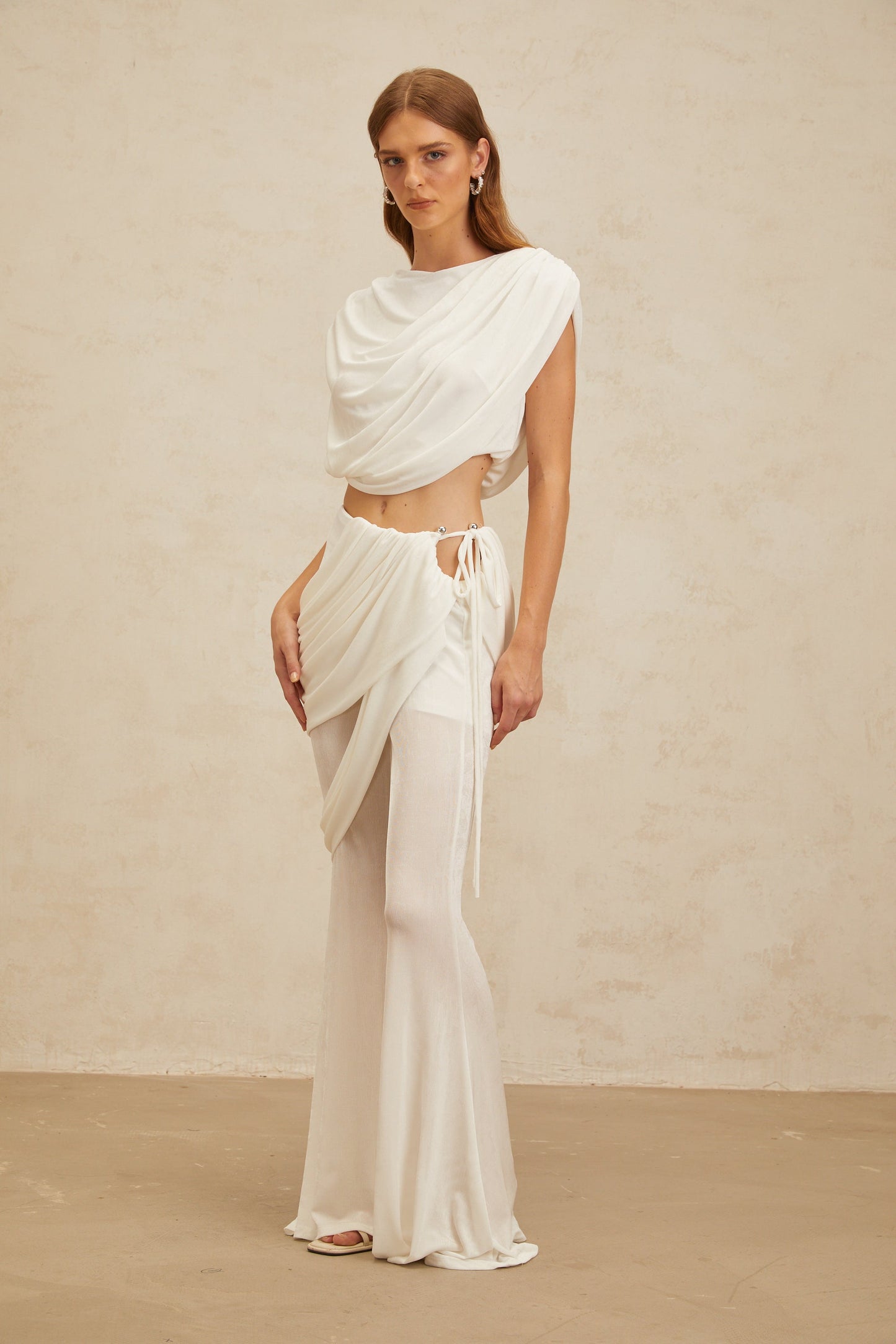 Dulcie White Asymmetrical Ruched Matching Set