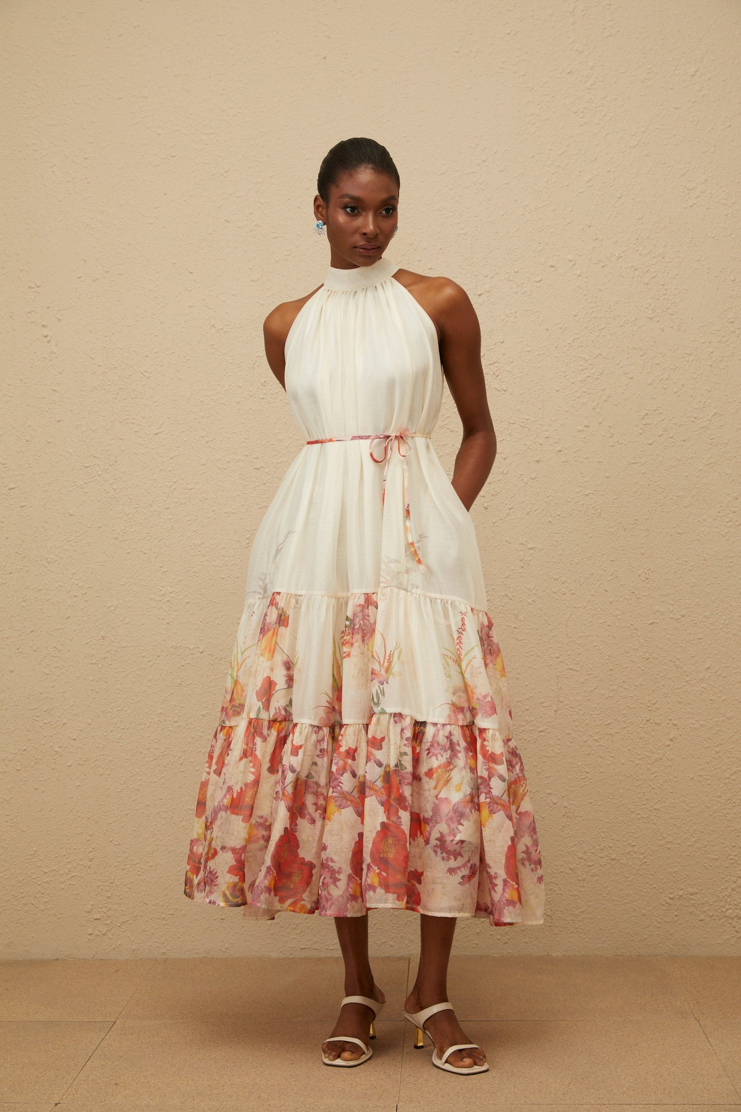Fleur Neutral Shirred Floral Midi Dress