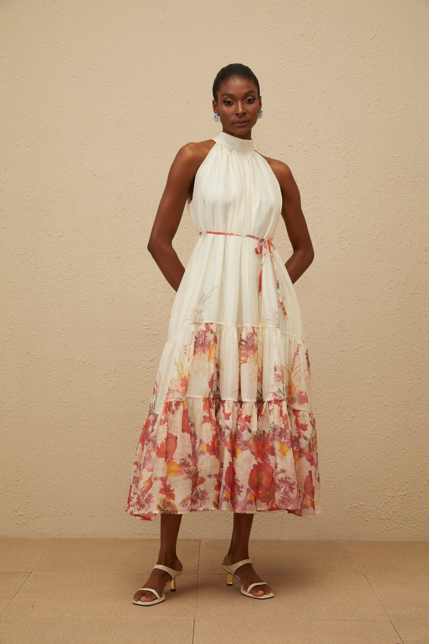 Fleur Neutral Shirred Floral Midi Dress