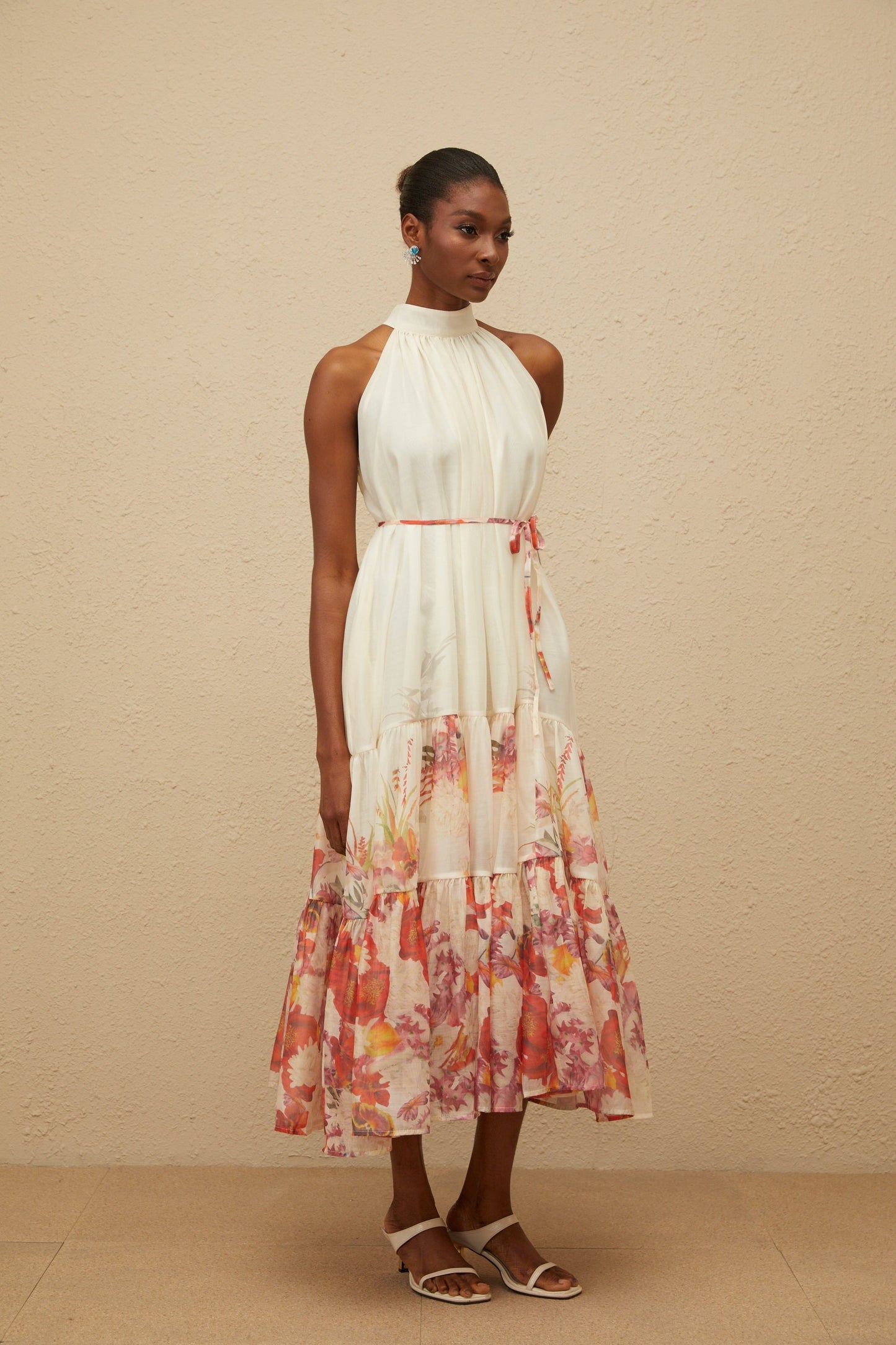 Fleur Neutral Shirred Floral Midi Dress