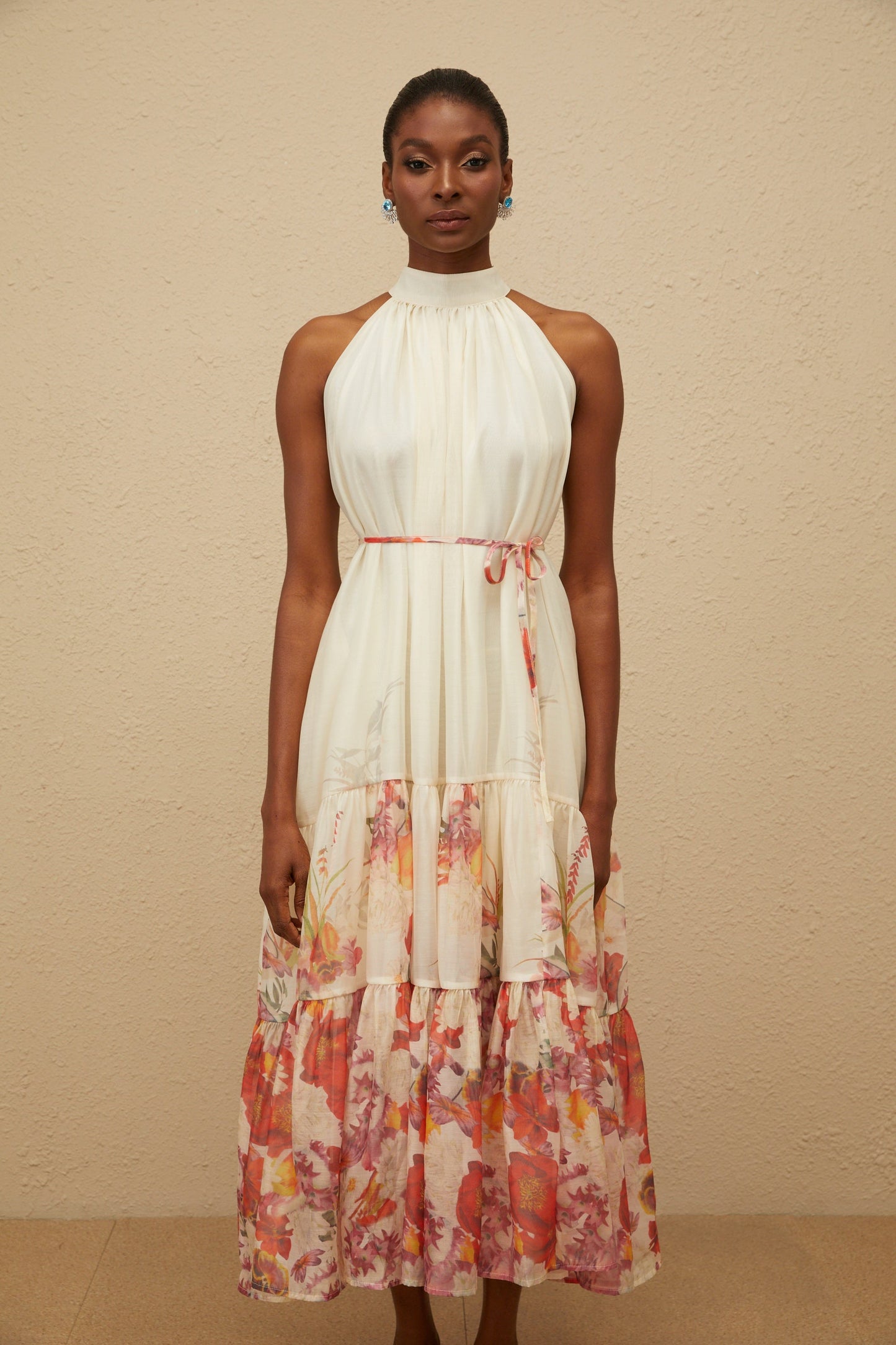 Fleur Neutral Shirred Floral Midi Dress