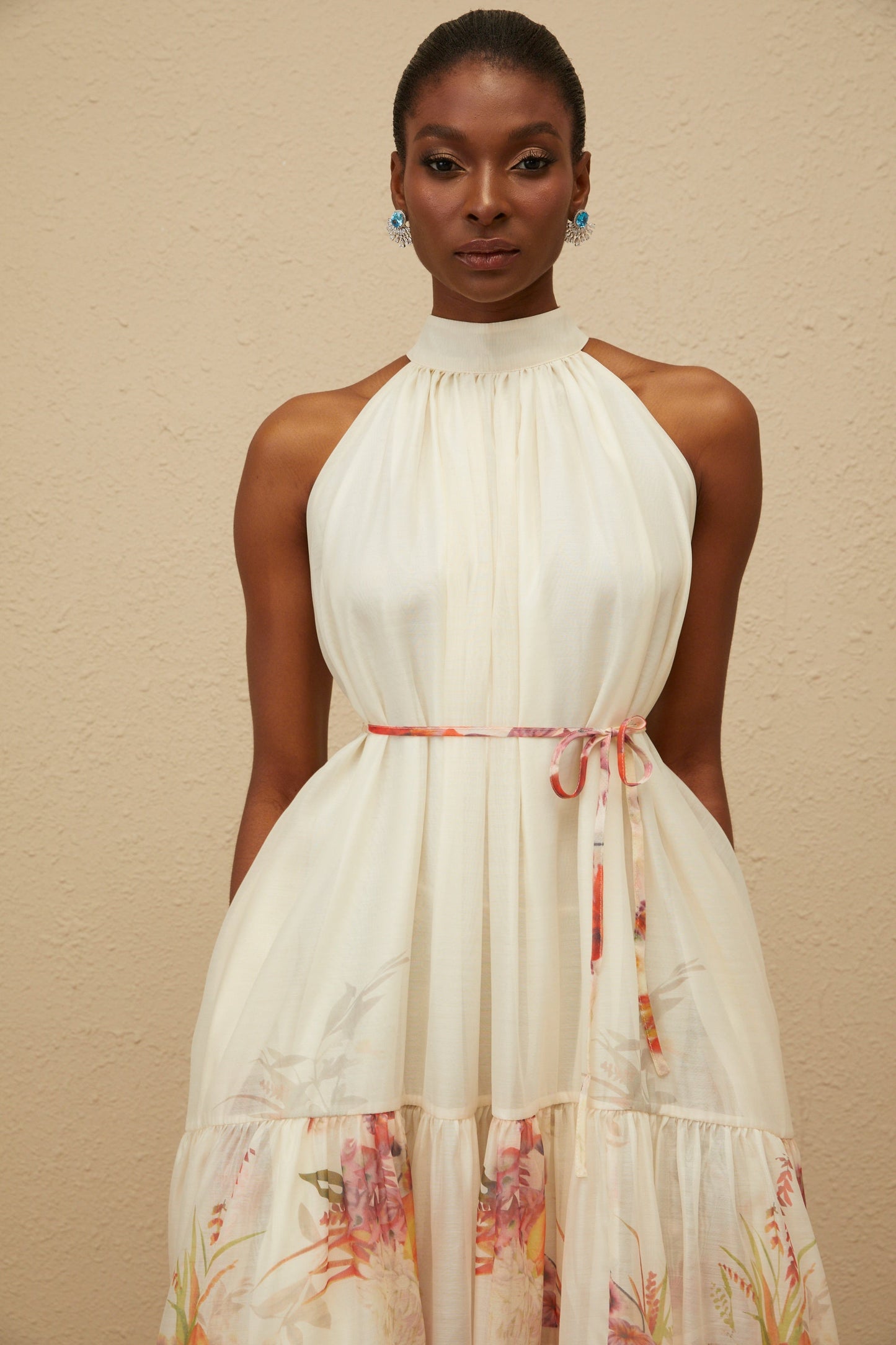 Fleur Neutral Shirred Floral Midi Dress