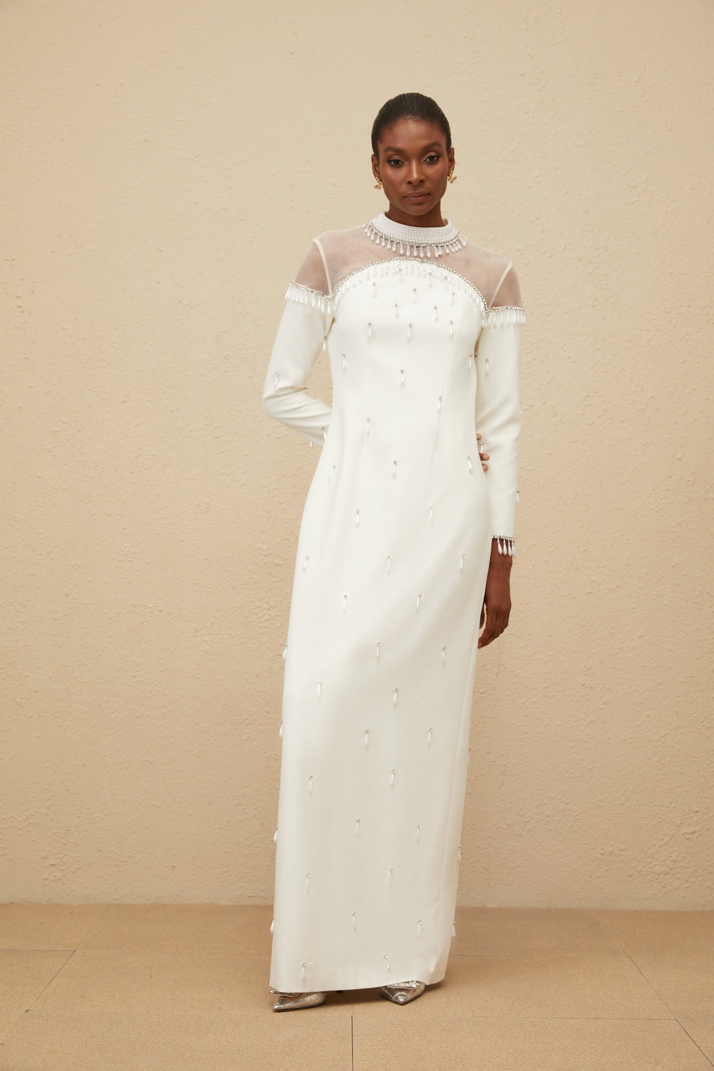 Céline White Embellished Evening Maxi Gown