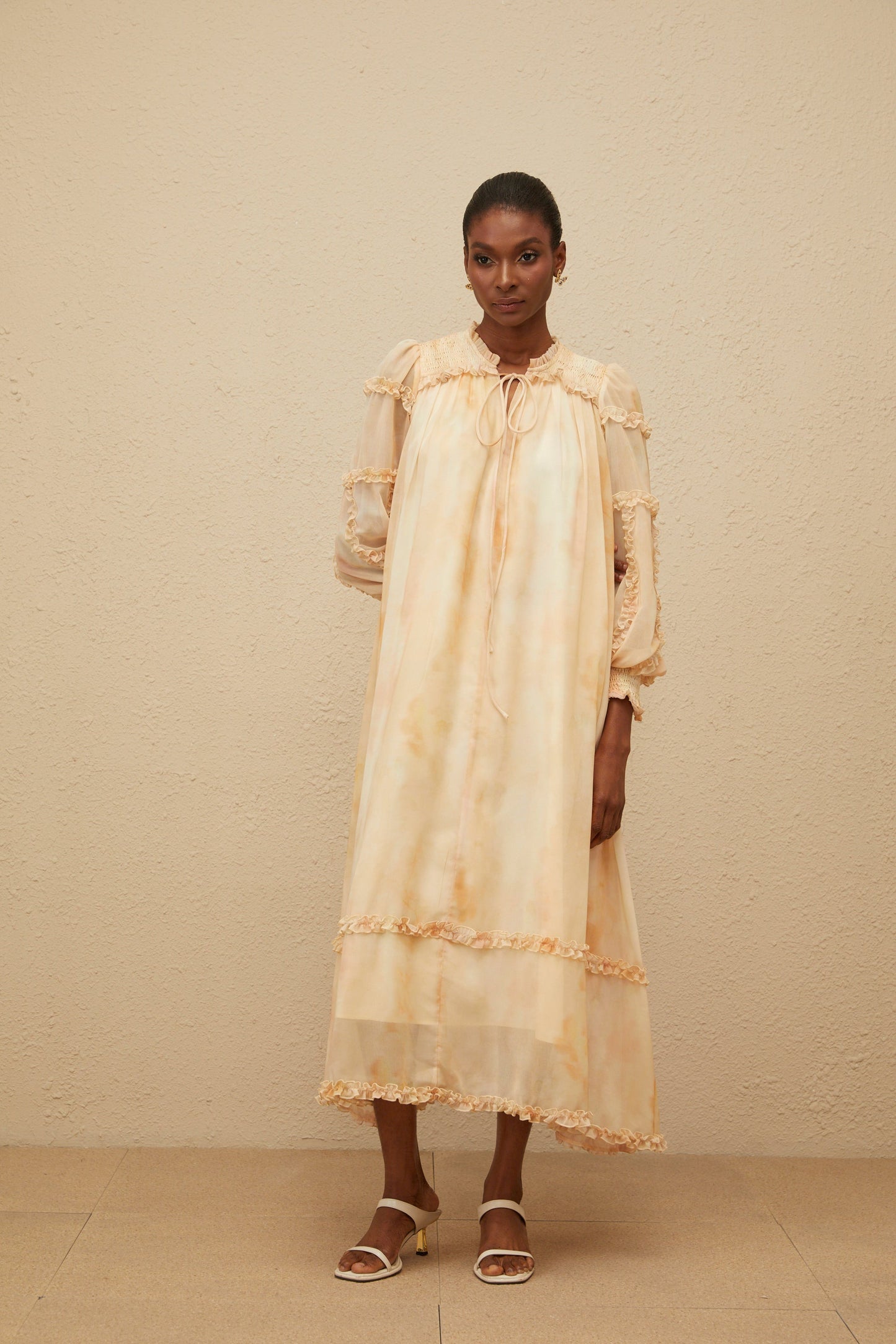 Lecollet Beige Ruffled Tie-Dye Midi Dress