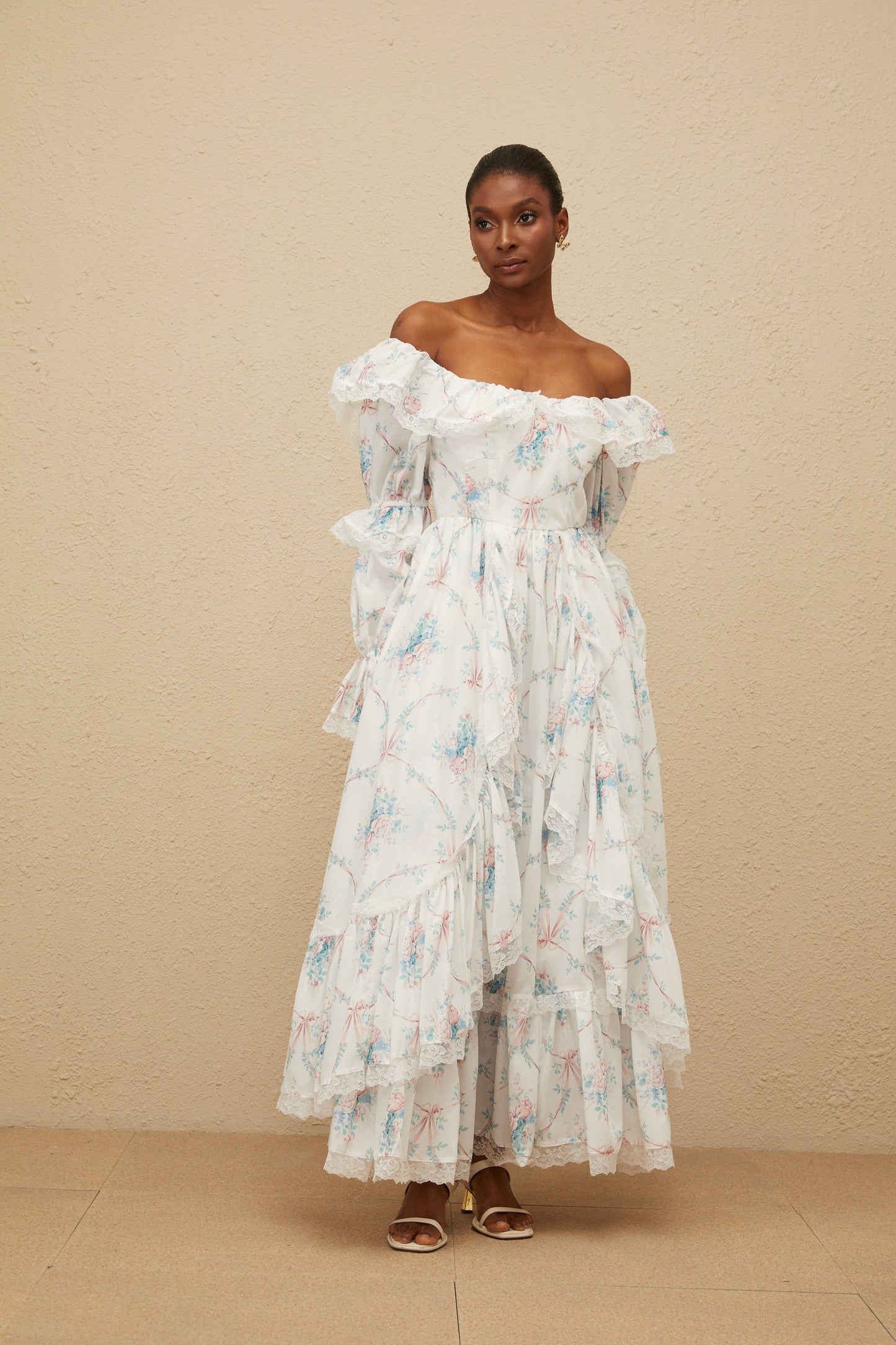 Maxanne White Ruffled Floral Print Maxi Dress