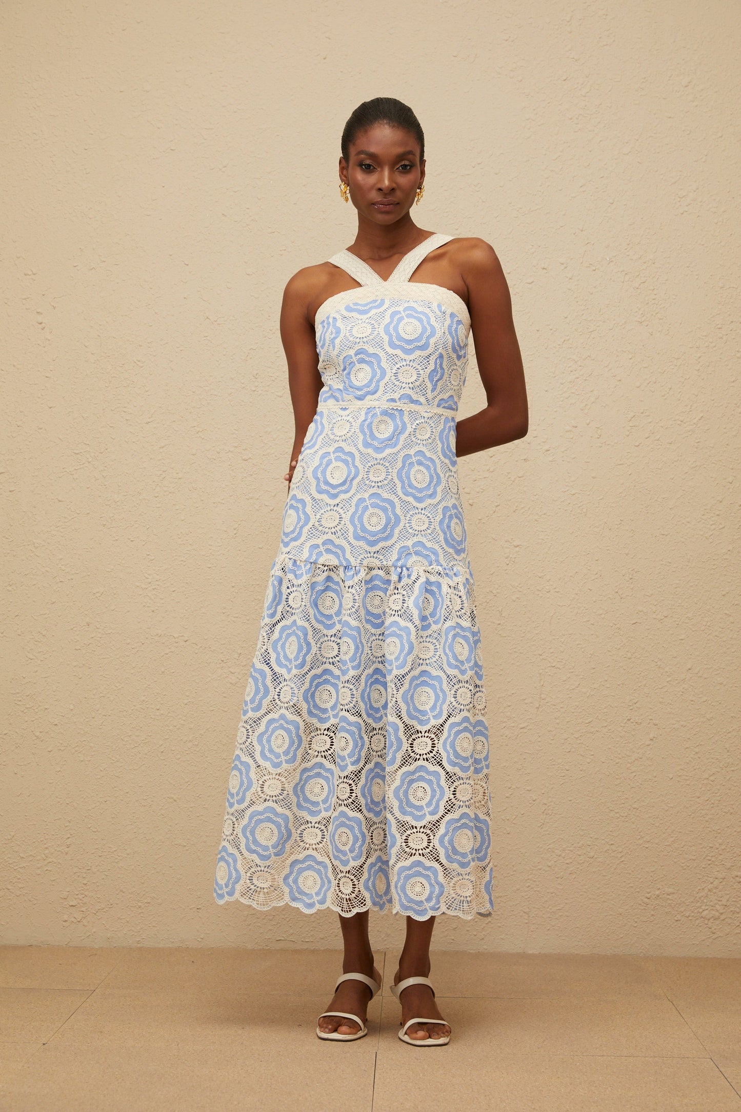 Frivole Blue Crochet Floral Midi Dress