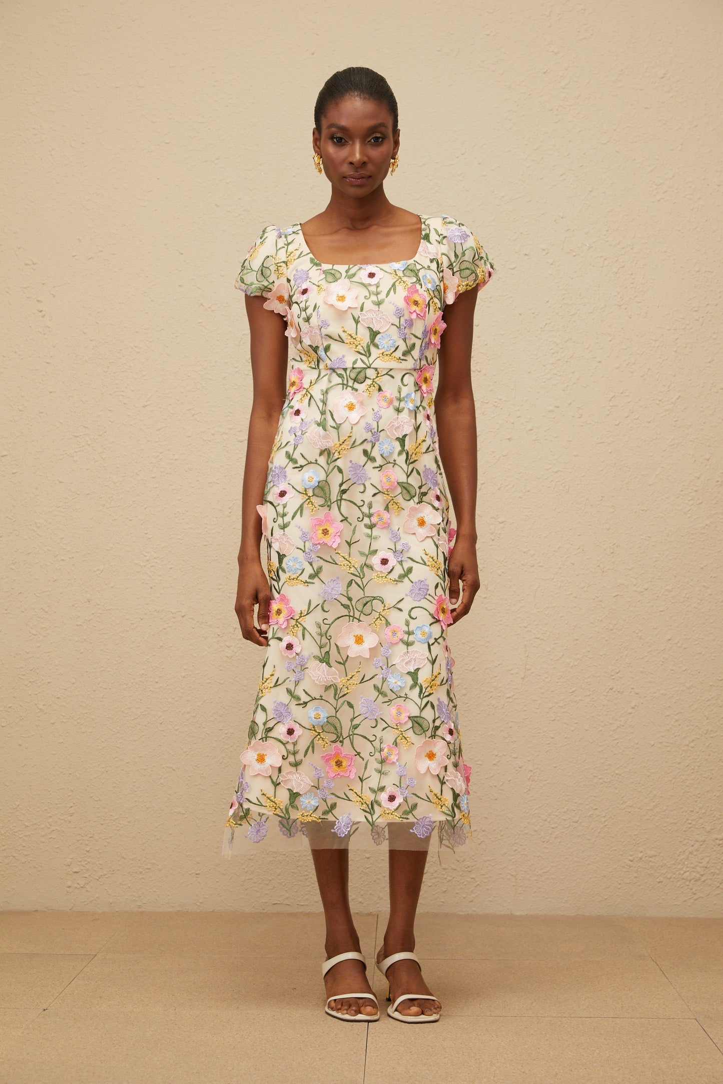 Enjouée Neutral Floral Embroidered Midi Dress