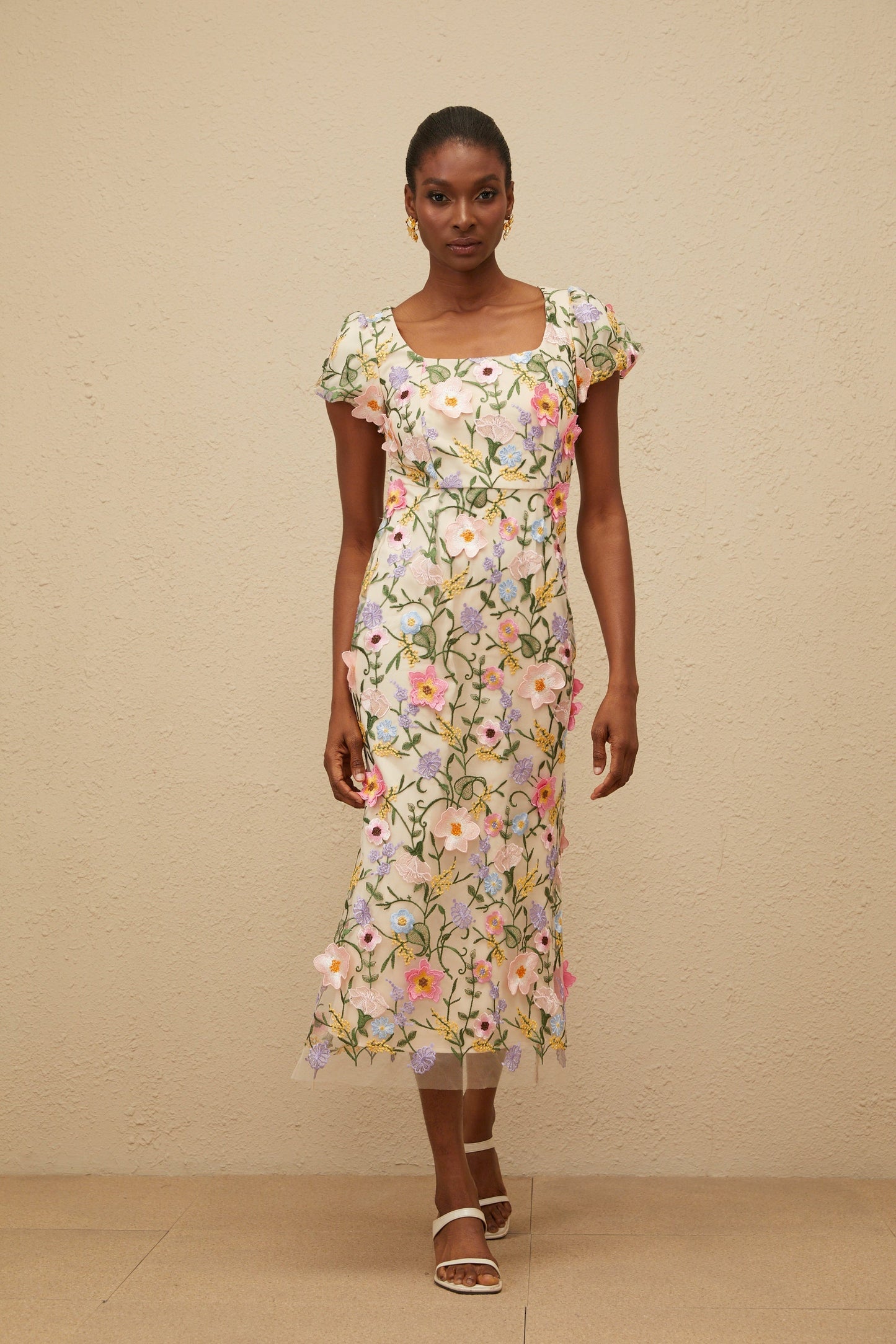 Enjouée Neutral Floral Embroidered Midi Dress