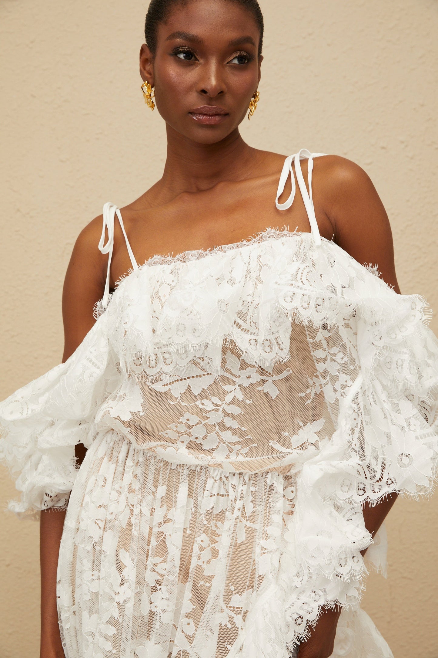 Nonchalante White Ruffled Floral Lace Mini Dress