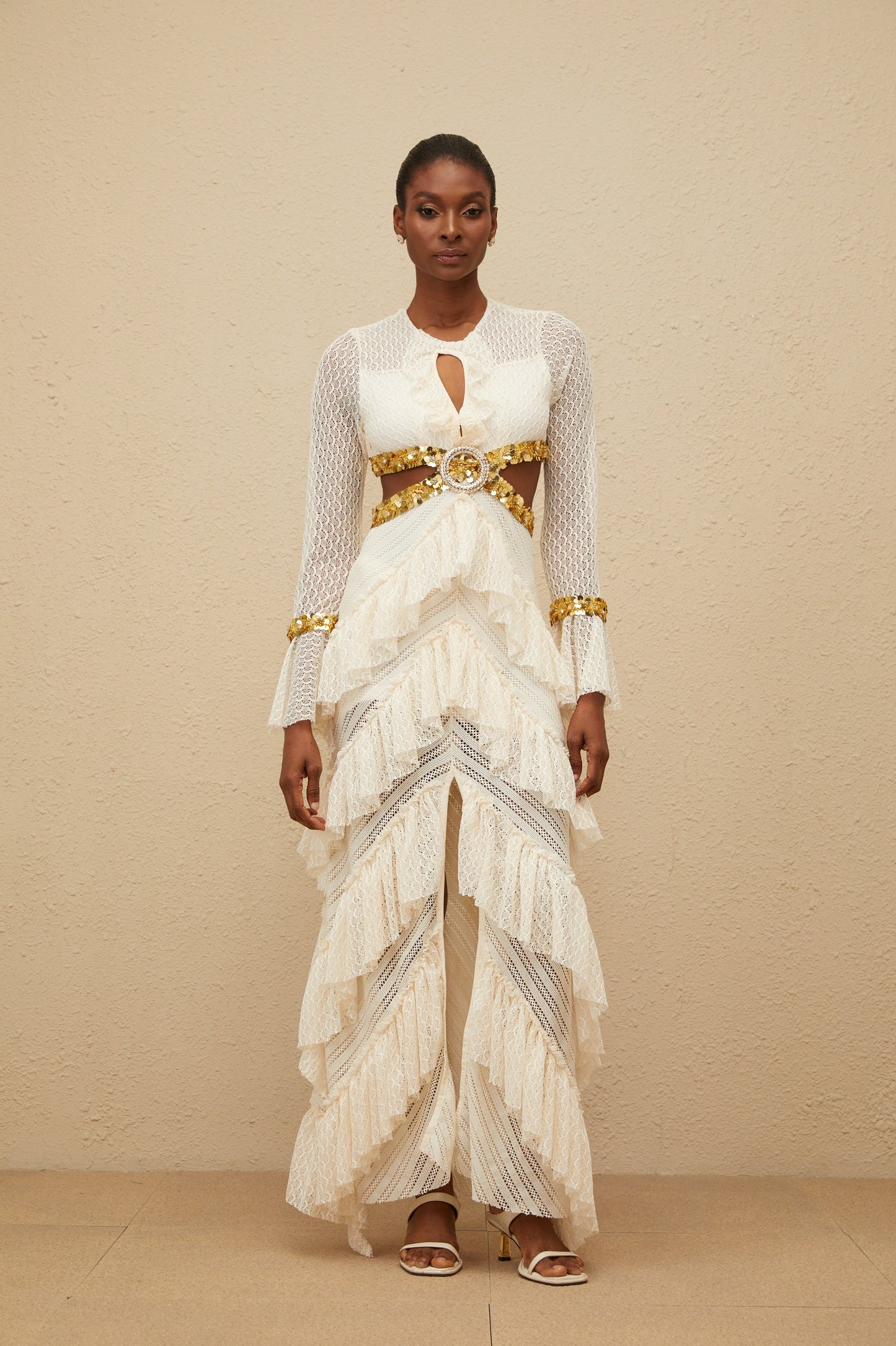 Dorée Neutral Ruffled Sequin Lace Maxi Dress