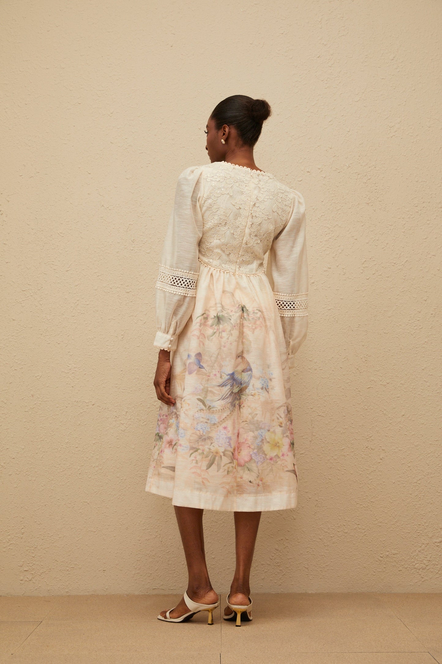 Isabella Beige Floral Embroidered Midi Dress