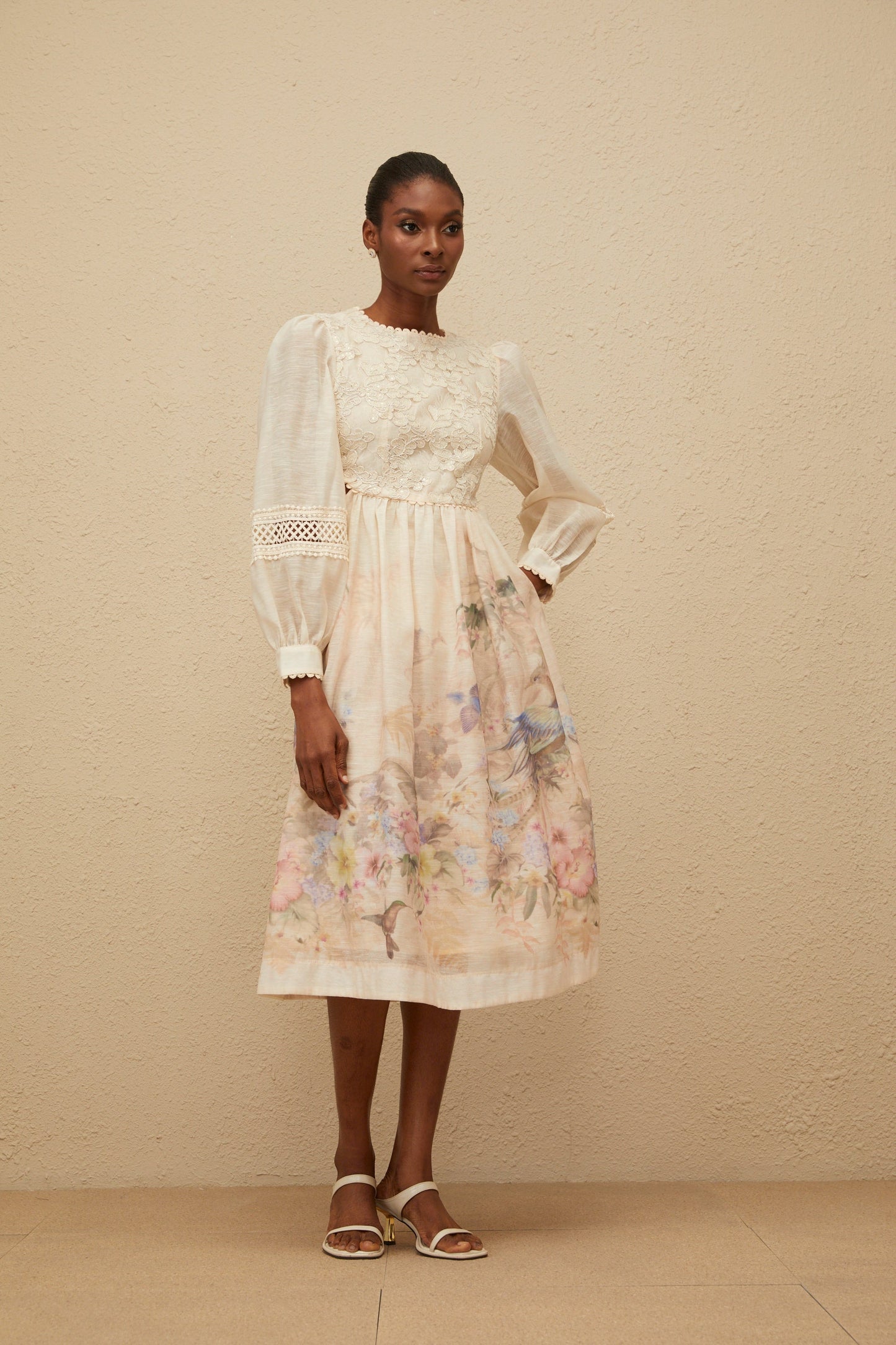 Isabella Beige Floral Embroidered Midi Dress
