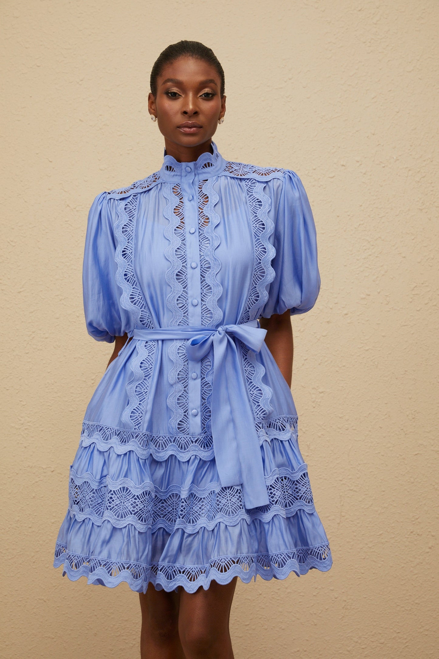 Poema Blue Tiered Motif Embroidered Mini Dress