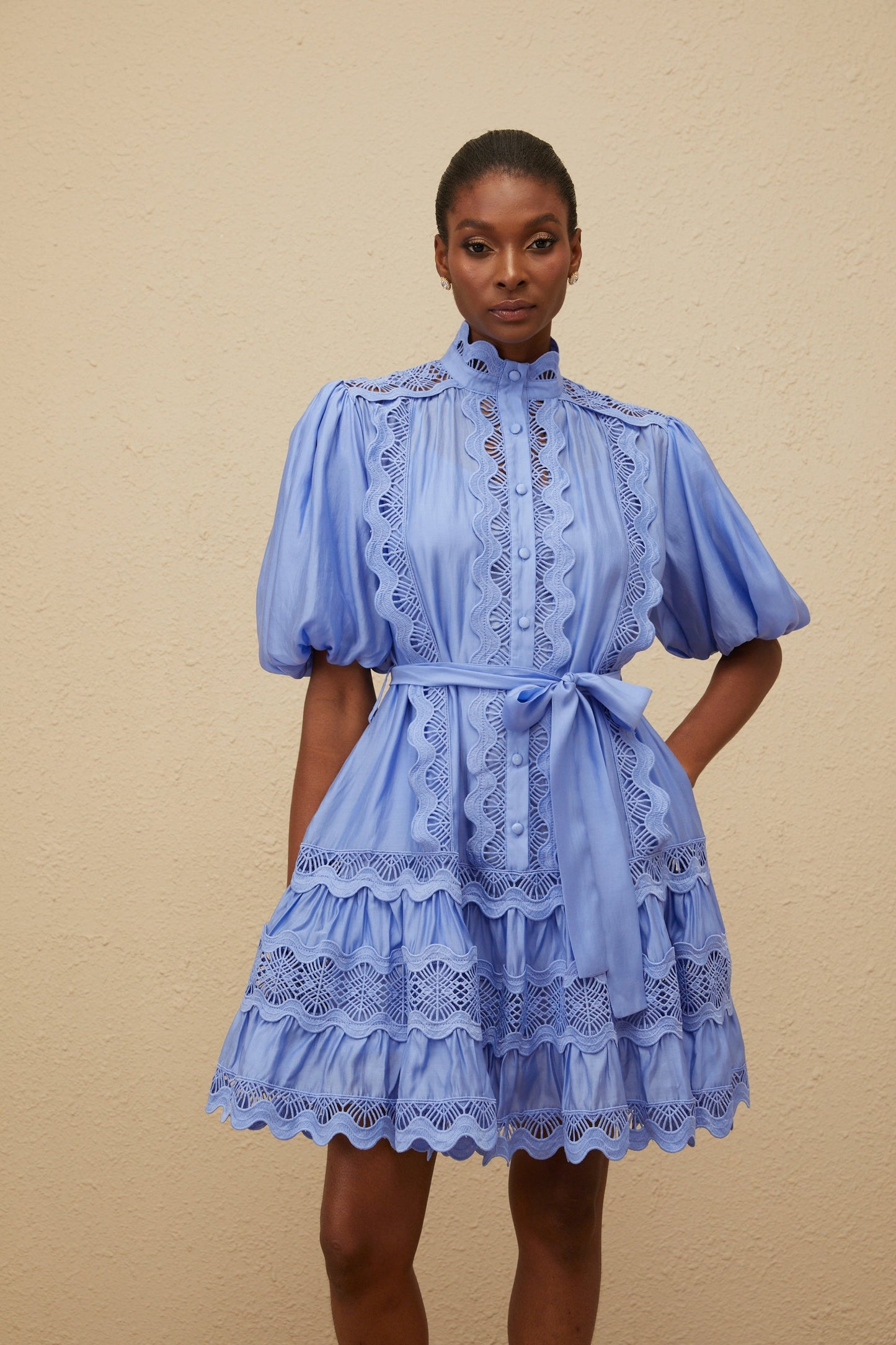Poema Blue Tiered Motif Embroidered Mini Dress