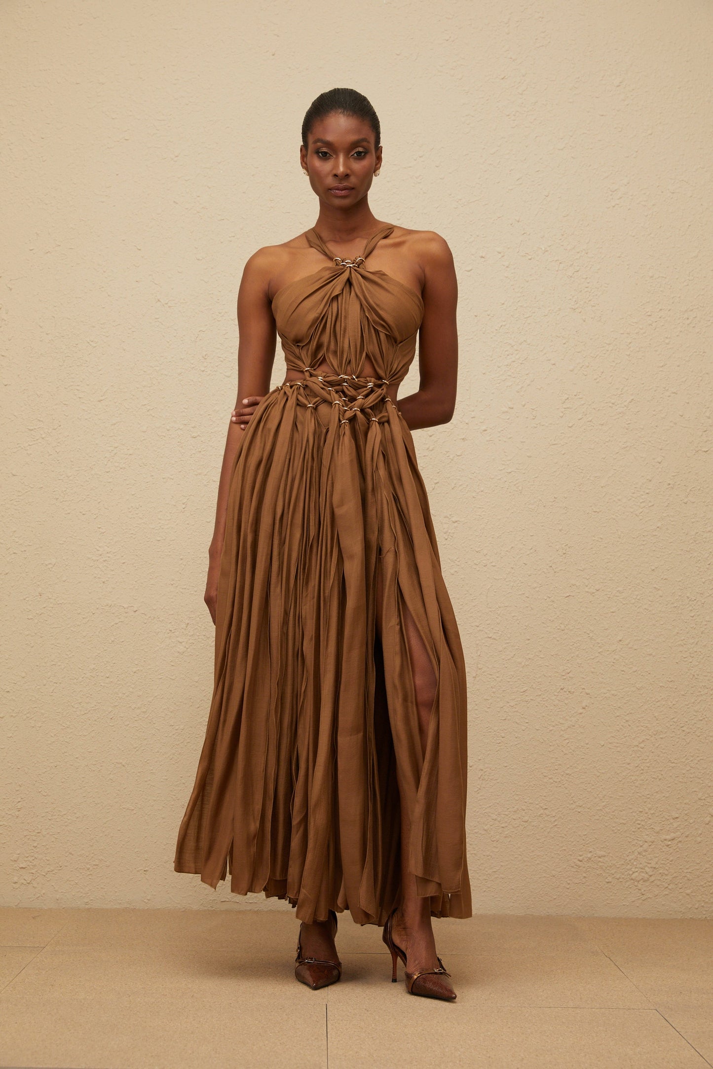 Déotille Brown Braided Cutout Shirred Midi Dress